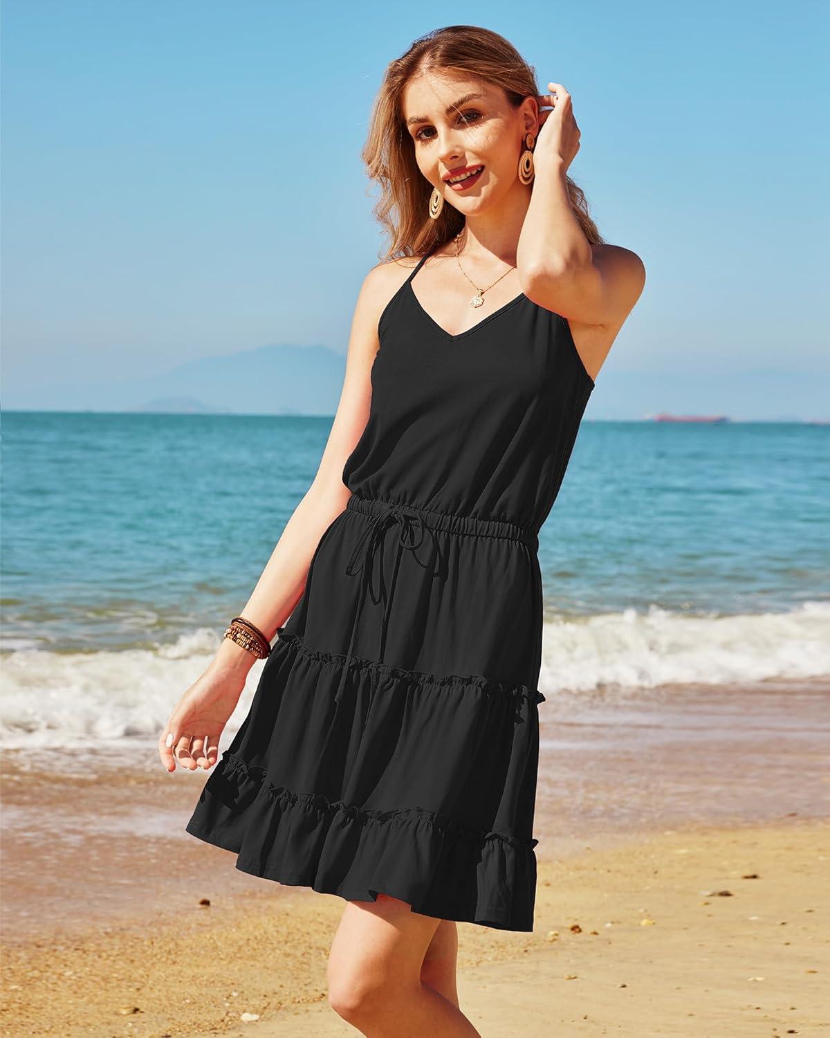 imageNewshows Womens 2025 Summer Dress Spaghetti Strap Casual Boho Beach Vacation Outfits Drawstring Ruffle Hem Sundress TrendyBlack