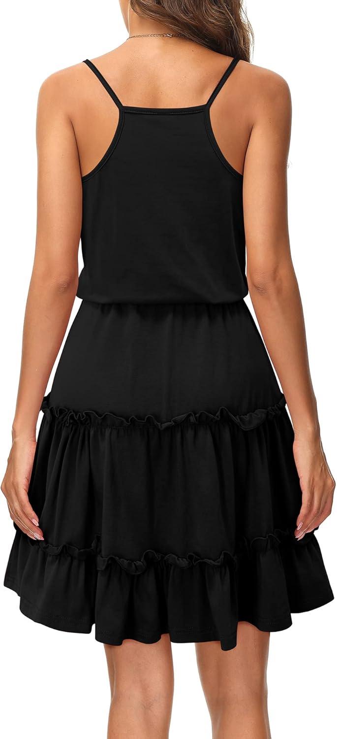 imageNewshows Womens 2025 Summer Dress Spaghetti Strap Casual Boho Beach Vacation Outfits Drawstring Ruffle Hem Sundress TrendyBlack