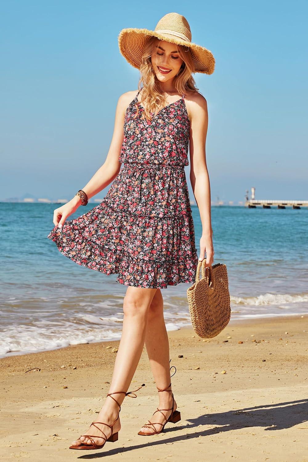 imageNewshows Womens 2025 Summer Dress Spaghetti Strap Casual Boho Beach Vacation Outfits Drawstring Ruffle Hem Sundress TrendyBlack Floral Red