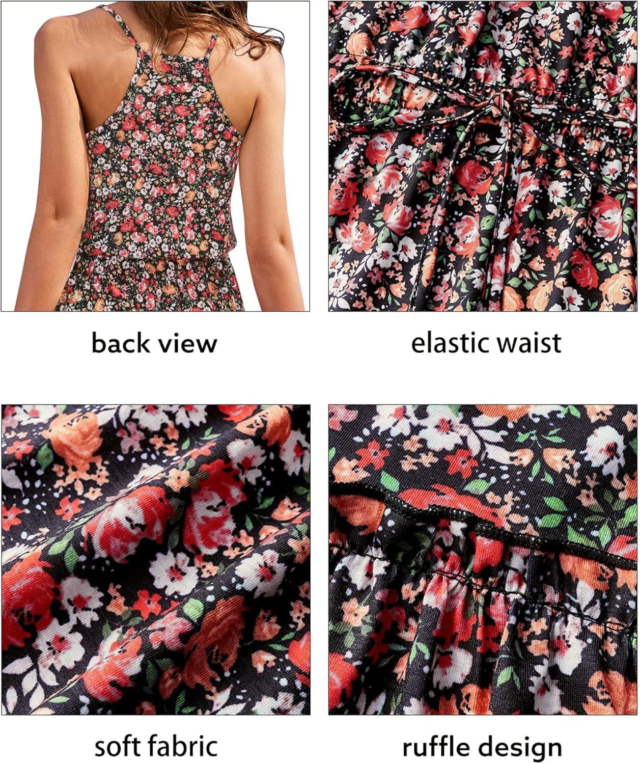 imageNewshows Womens 2025 Summer Dress Spaghetti Strap Casual Boho Beach Vacation Outfits Drawstring Ruffle Hem Sundress TrendyBlack Floral Red