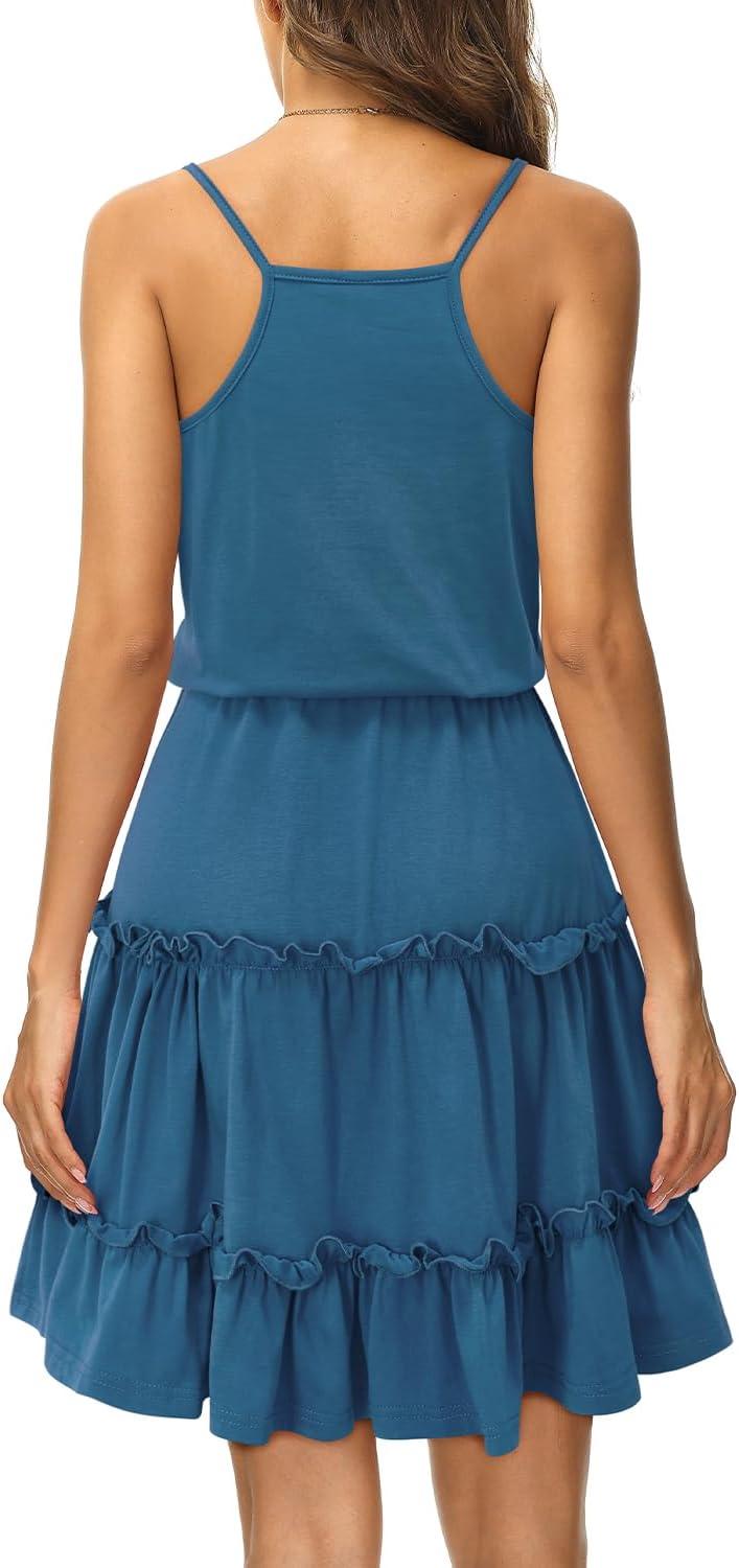 imageNewshows Womens 2025 Summer Dress Spaghetti Strap Casual Boho Beach Vacation Outfits Drawstring Ruffle Hem Sundress TrendyBlue1