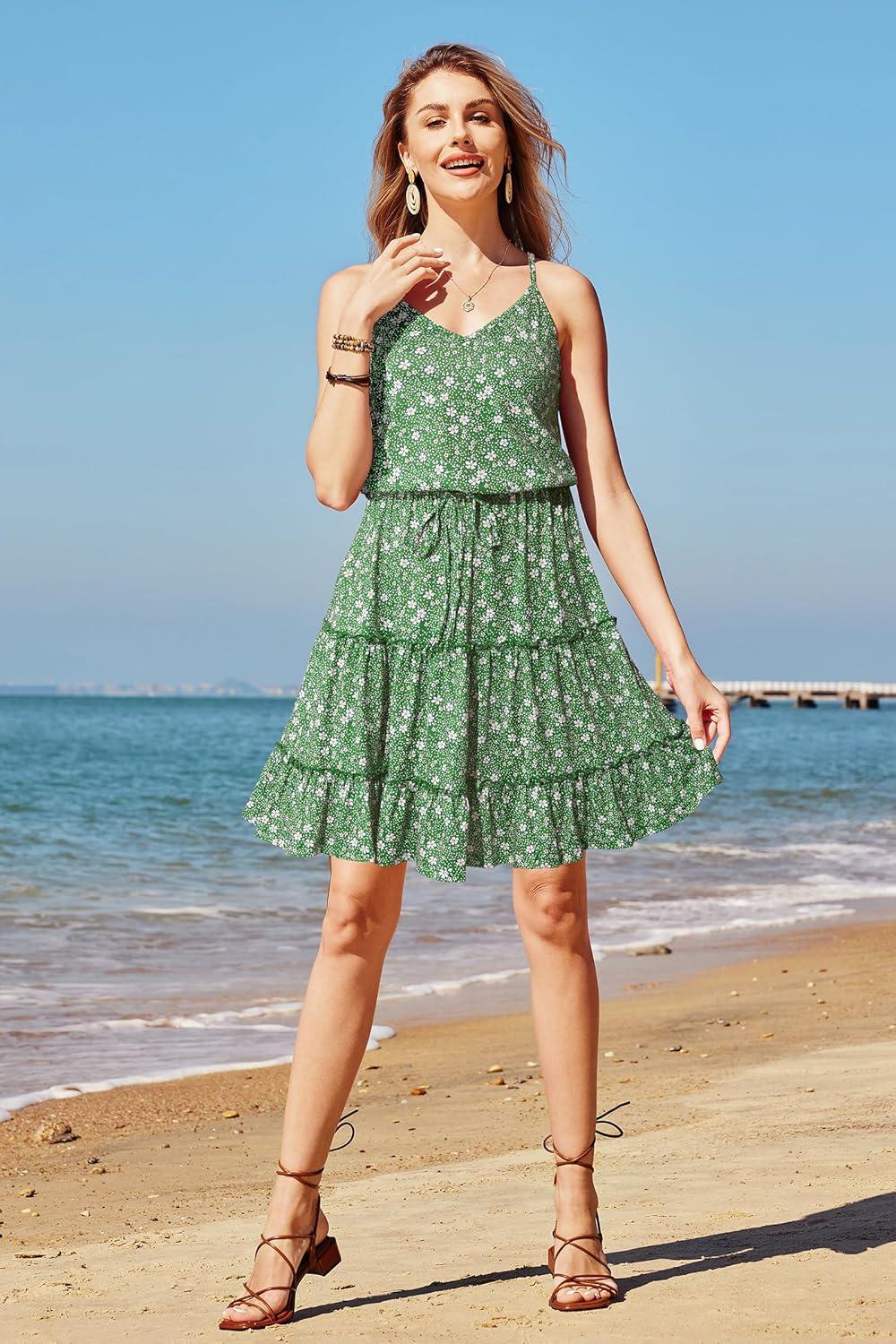 imageNewshows Womens 2025 Summer Dress Spaghetti Strap Casual Boho Beach Vacation Outfits Drawstring Ruffle Hem Sundress TrendyGreen White Floral