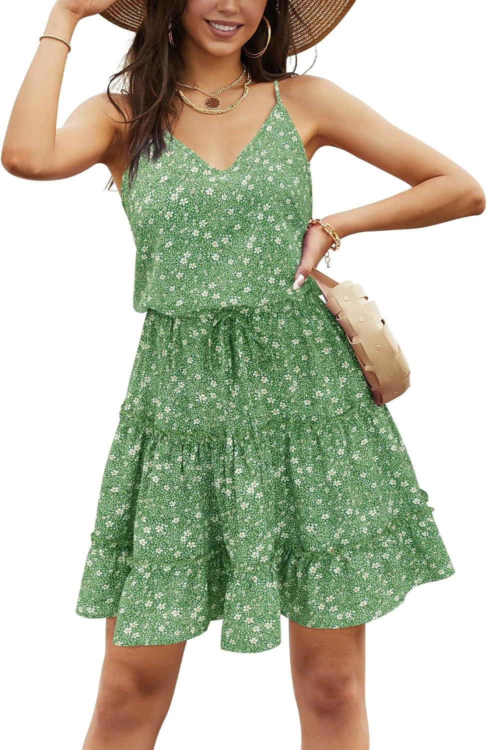 imageNewshows Womens 2025 Summer Dress Spaghetti Strap Casual Boho Beach Vacation Outfits Drawstring Ruffle Hem Sundress TrendyGreen White Floral