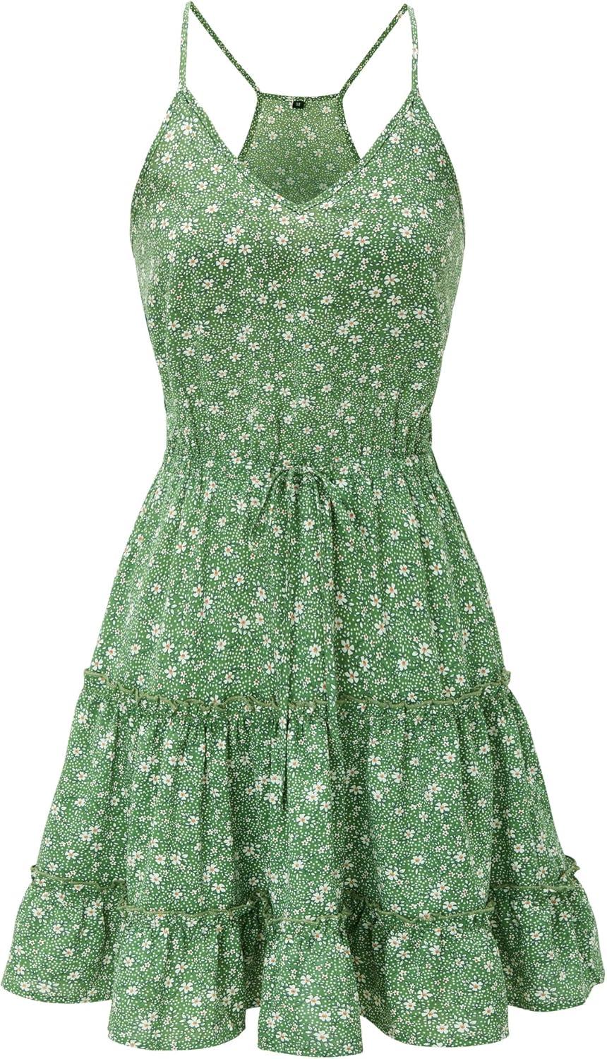 imageNewshows Womens 2025 Summer Dress Spaghetti Strap Casual Boho Beach Vacation Outfits Drawstring Ruffle Hem Sundress TrendyGreen White Floral