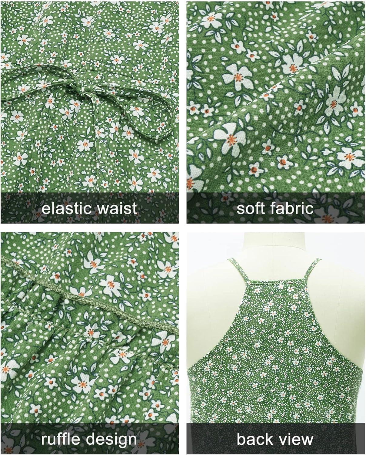 imageNewshows Womens 2025 Summer Dress Spaghetti Strap Casual Boho Beach Vacation Outfits Drawstring Ruffle Hem Sundress TrendyGreen White Floral