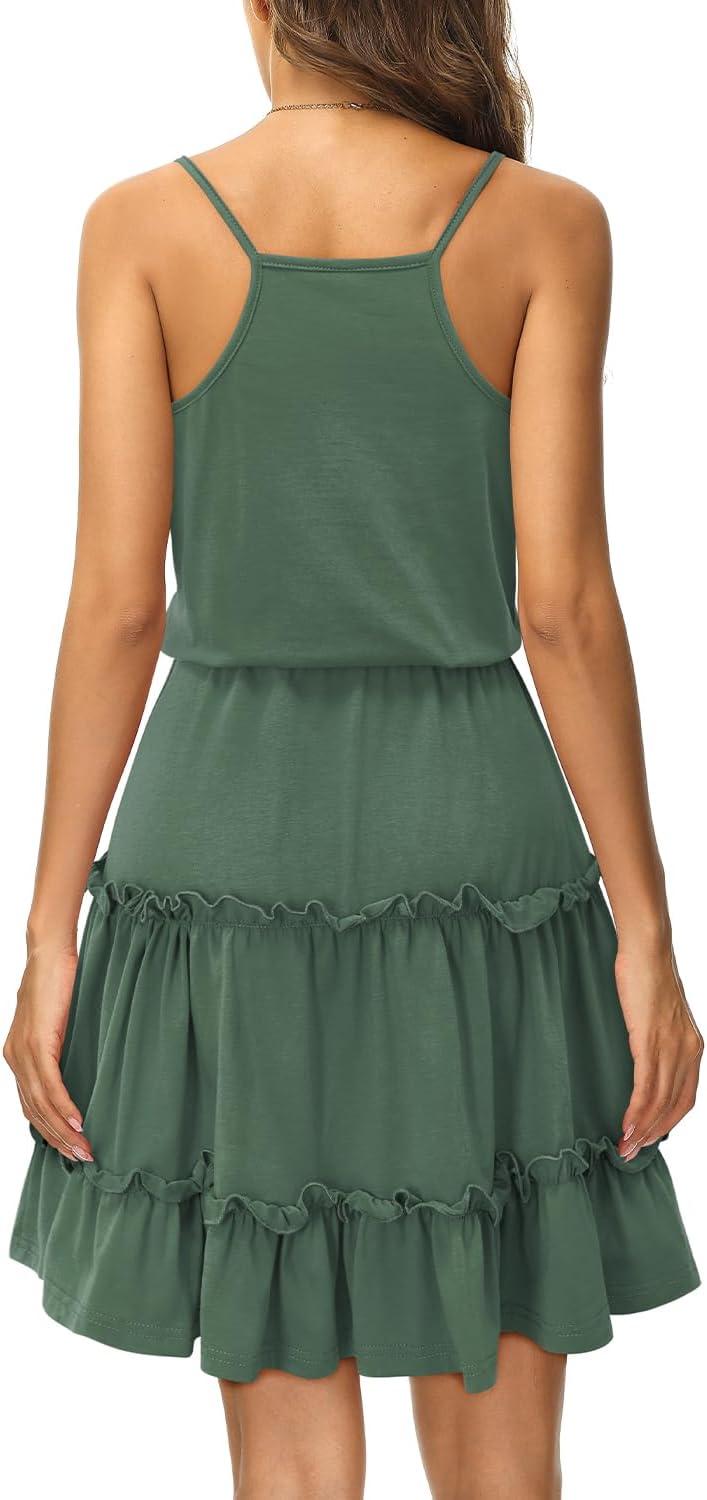 imageNewshows Womens 2025 Summer Dress Spaghetti Strap Casual Boho Beach Vacation Outfits Drawstring Ruffle Hem Sundress TrendyGrey Green