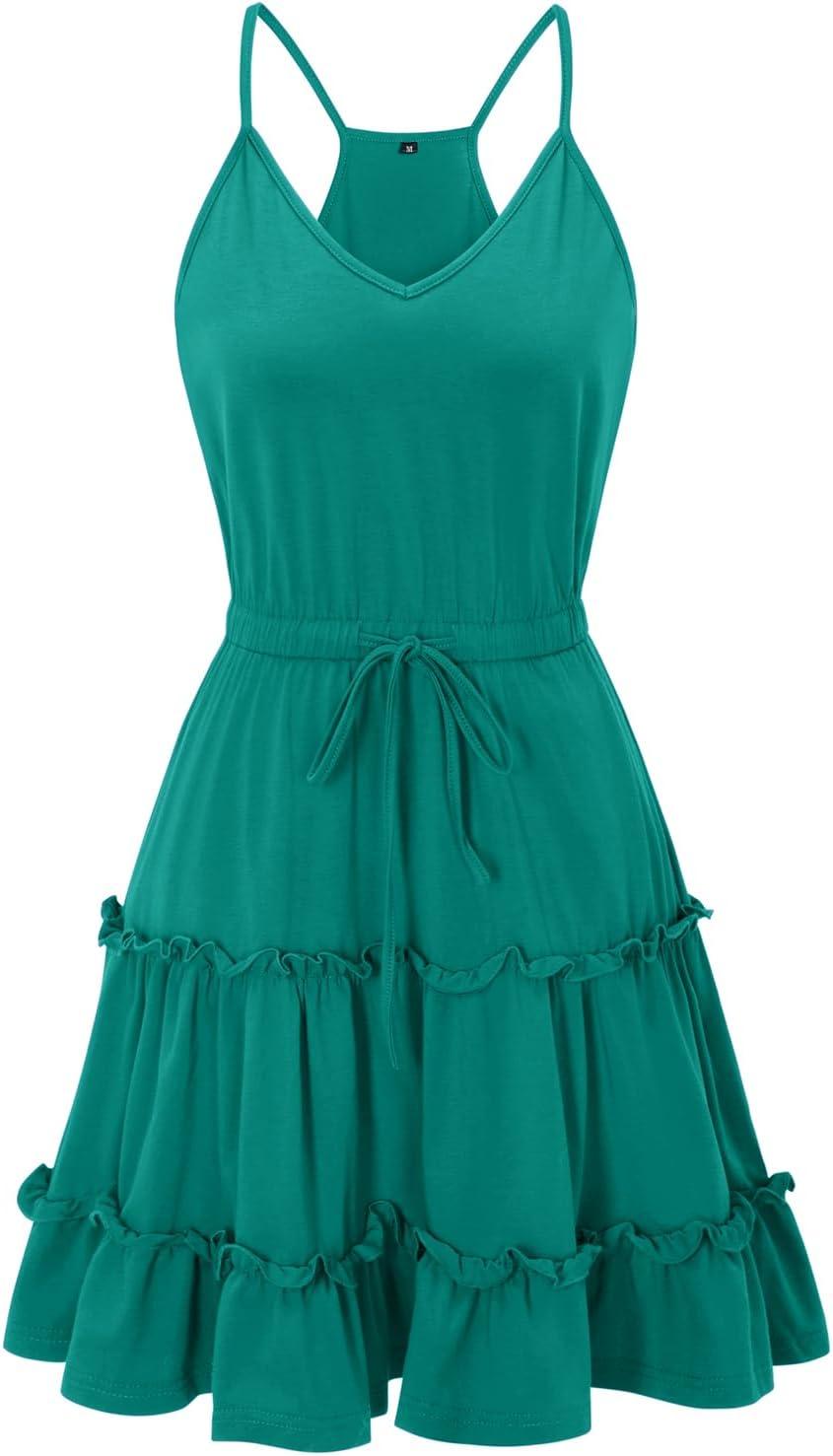 imageNewshows Womens 2025 Summer Dress Spaghetti Strap Casual Boho Beach Vacation Outfits Drawstring Ruffle Hem Sundress TrendyLake Green