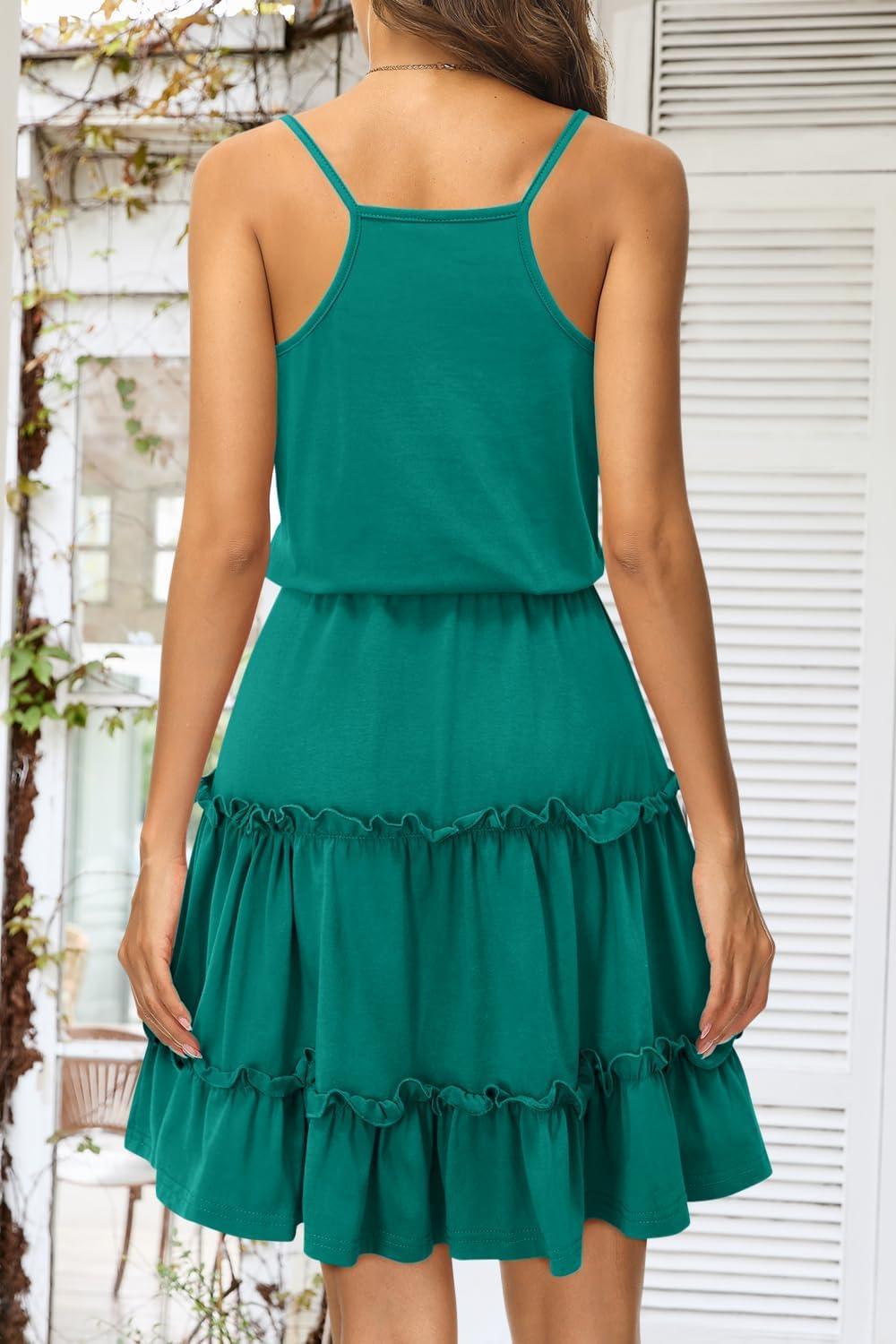 imageNewshows Womens 2025 Summer Dress Spaghetti Strap Casual Boho Beach Vacation Outfits Drawstring Ruffle Hem Sundress TrendyLake Green