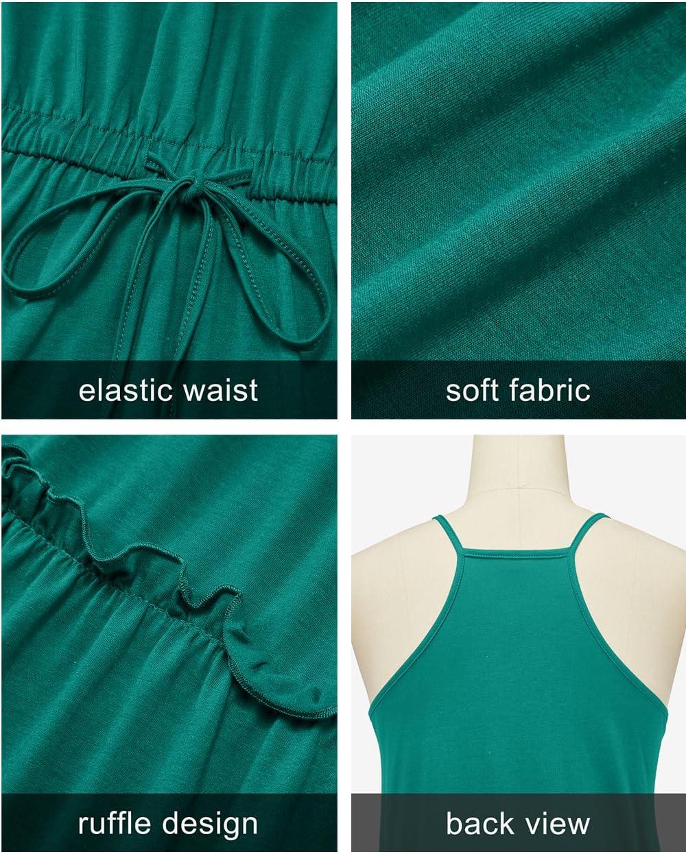 imageNewshows Womens 2025 Summer Dress Spaghetti Strap Casual Boho Beach Vacation Outfits Drawstring Ruffle Hem Sundress TrendyLake Green