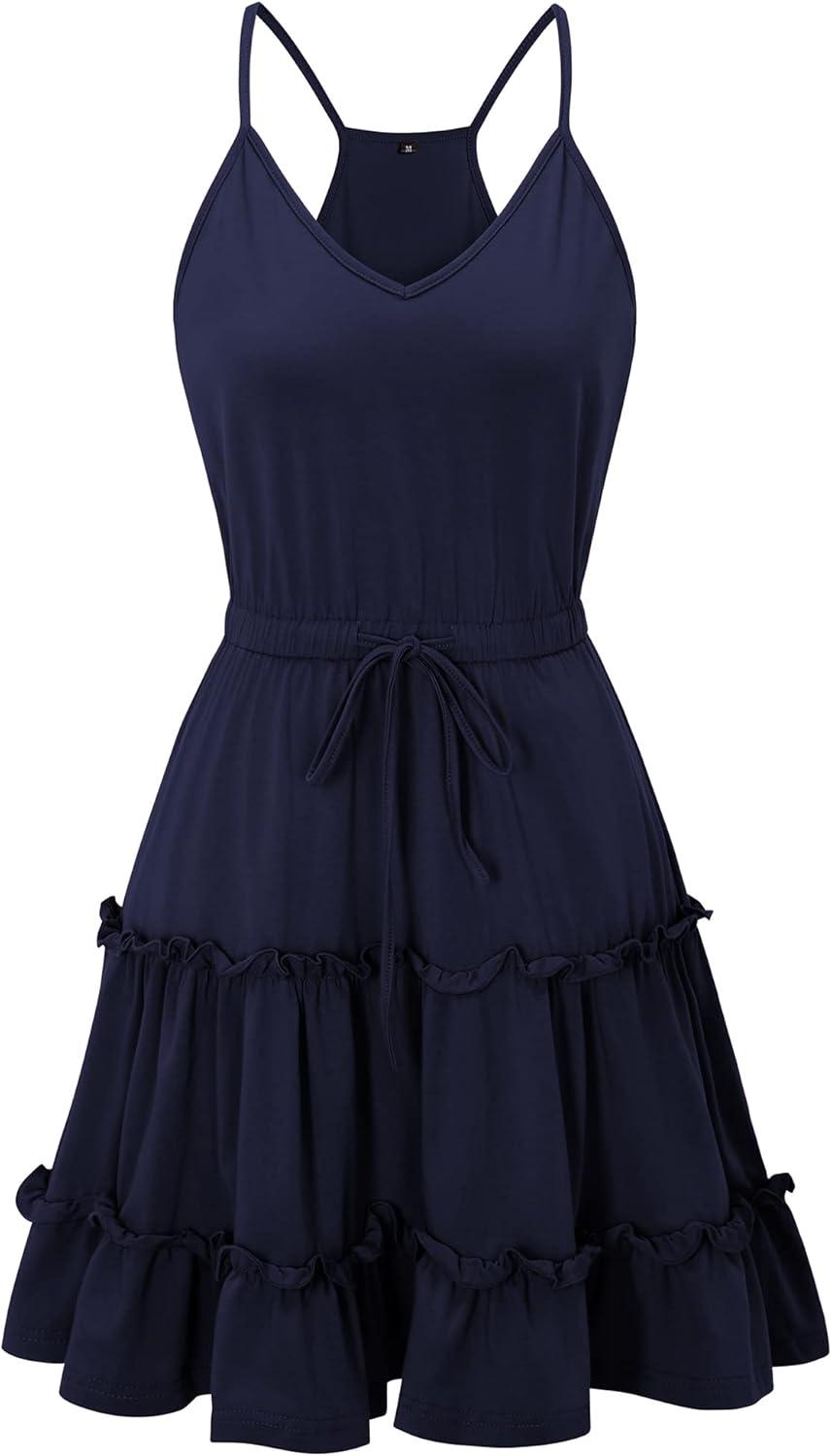 imageNewshows Womens 2025 Summer Dress Spaghetti Strap Casual Boho Beach Vacation Outfits Drawstring Ruffle Hem Sundress TrendyNavy