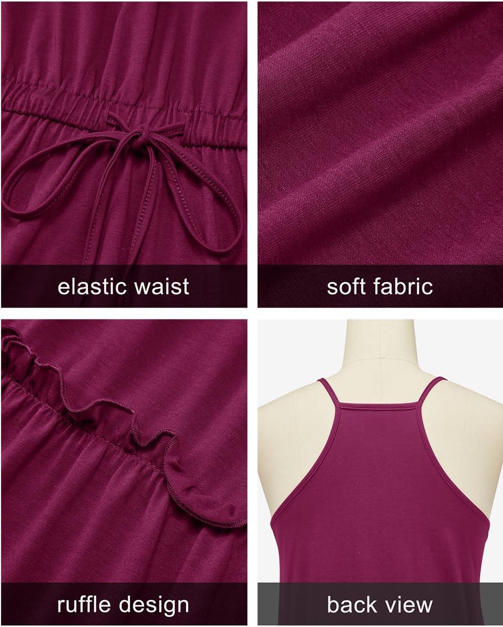 imageNewshows Womens 2025 Summer Dress Spaghetti Strap Casual Boho Beach Vacation Outfits Drawstring Ruffle Hem Sundress TrendyRose Red1