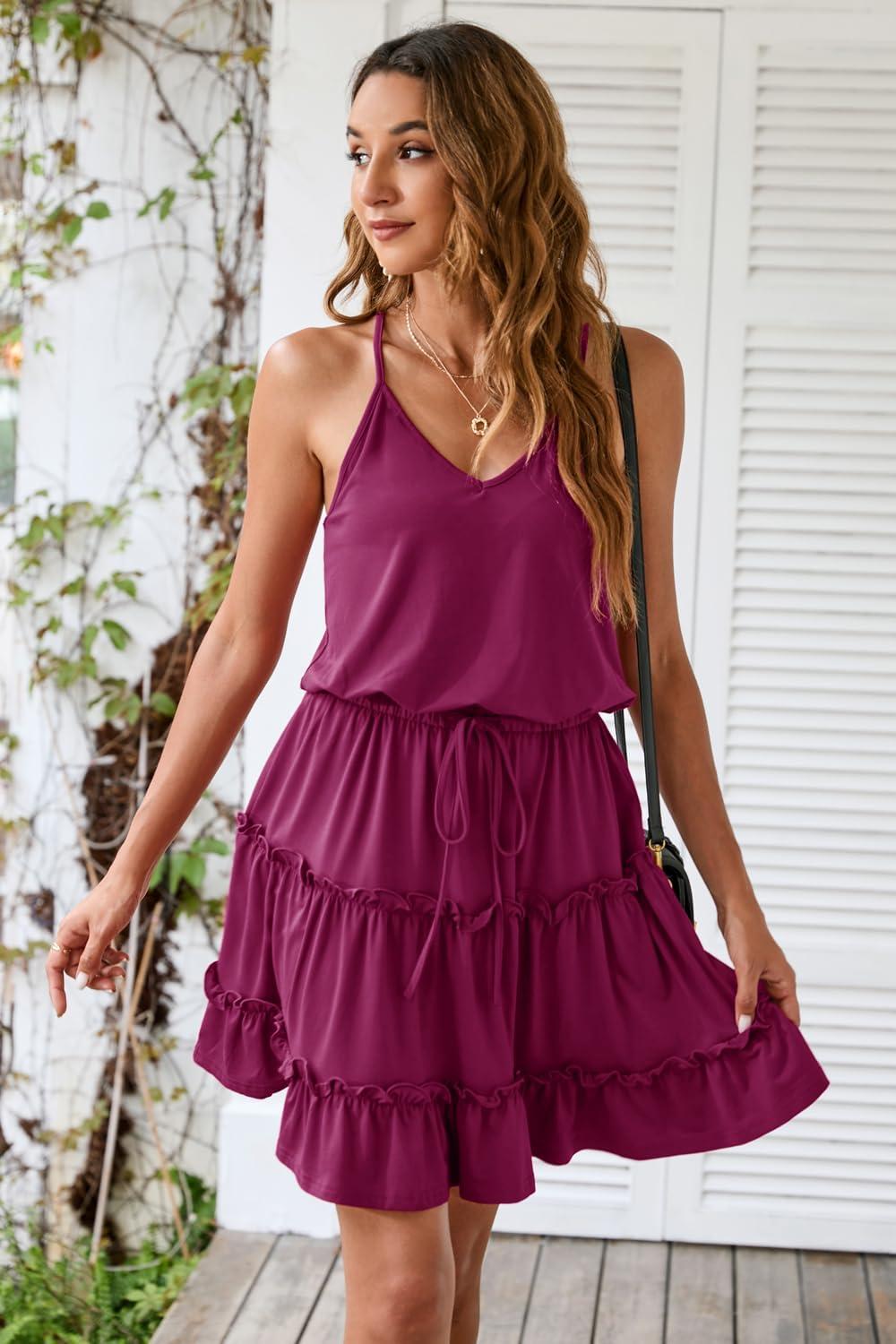 imageNewshows Womens 2025 Summer Dress Spaghetti Strap Casual Boho Beach Vacation Outfits Drawstring Ruffle Hem Sundress TrendyRose Red1