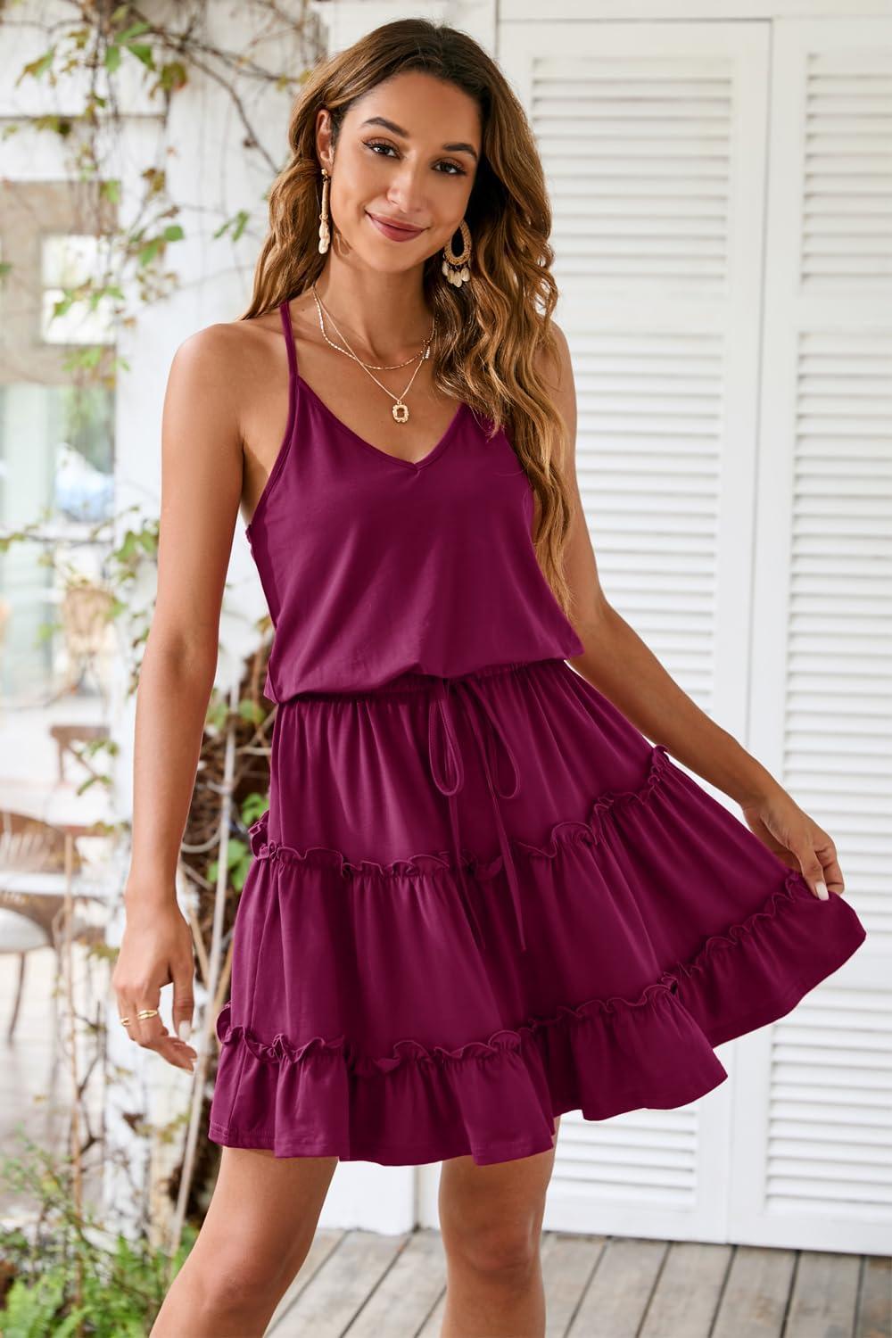 imageNewshows Womens 2025 Summer Dress Spaghetti Strap Casual Boho Beach Vacation Outfits Drawstring Ruffle Hem Sundress TrendyRose Red1