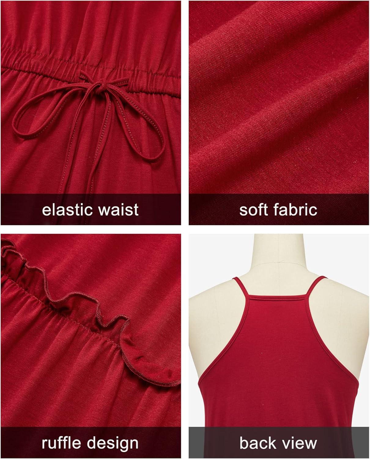 imageNewshows Womens 2025 Summer Dress Spaghetti Strap Casual Boho Beach Vacation Outfits Drawstring Ruffle Hem Sundress TrendyWine Red