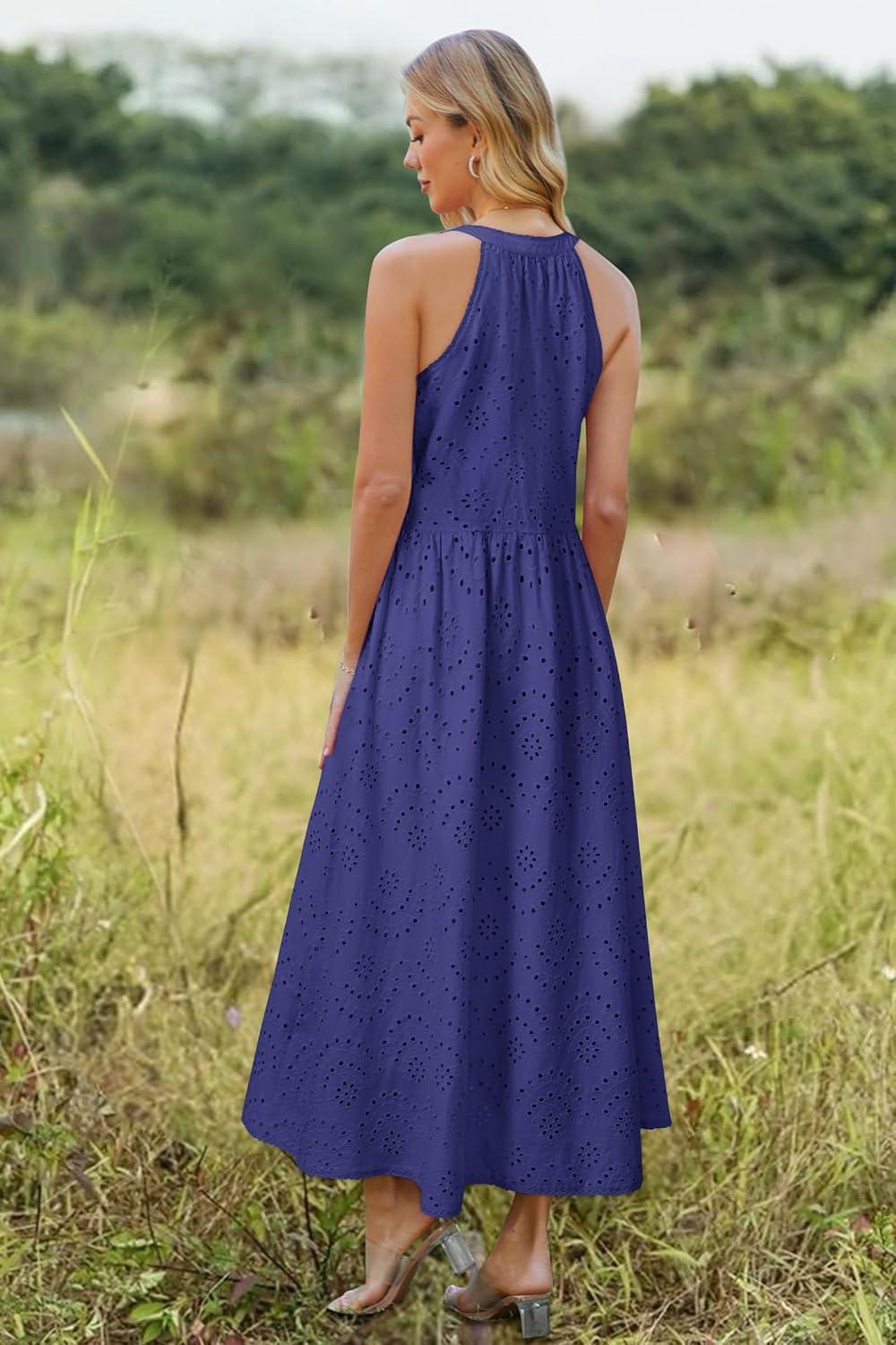 imageNewshows Womens 2025 Summer Maxi Dresses Halter V Neck Eyelet Hollow Out Long Flowy Beach Vacation Boho Dress with PocketsDark Blue