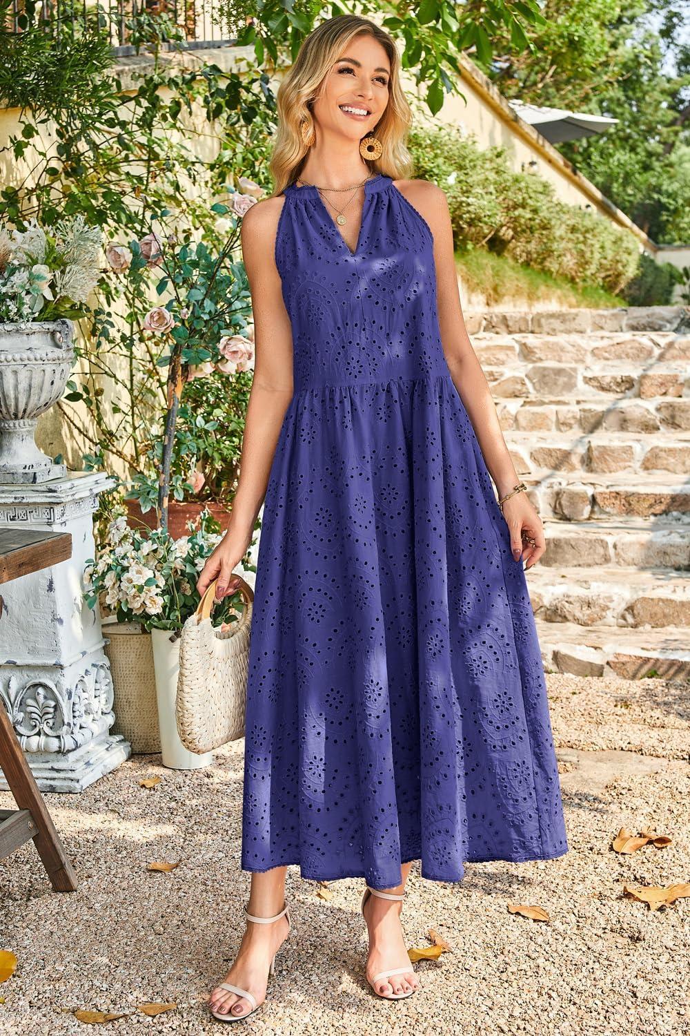 imageNewshows Womens 2025 Summer Maxi Dresses Halter V Neck Eyelet Hollow Out Long Flowy Beach Vacation Boho Dress with PocketsDark Blue