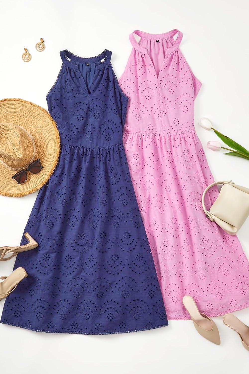 imageNewshows Womens 2025 Summer Maxi Dresses Halter V Neck Eyelet Hollow Out Long Flowy Beach Vacation Boho Dress with PocketsDark Blue