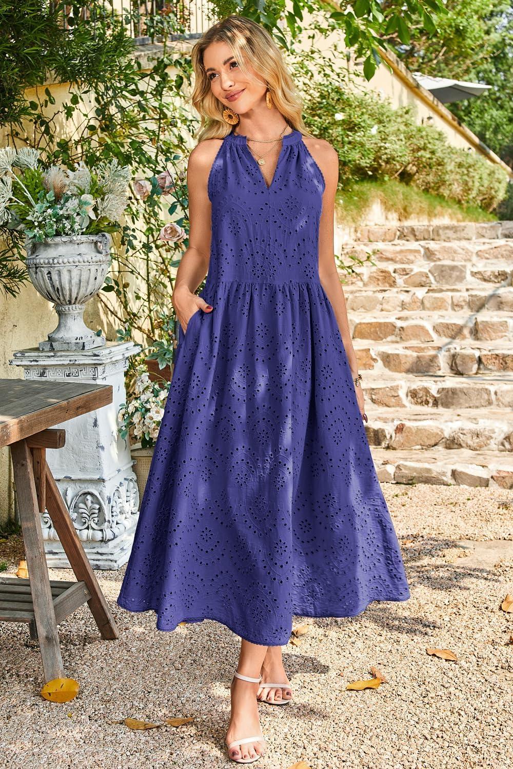 imageNewshows Womens 2025 Summer Maxi Dresses Halter V Neck Eyelet Hollow Out Long Flowy Beach Vacation Boho Dress with PocketsDark Blue