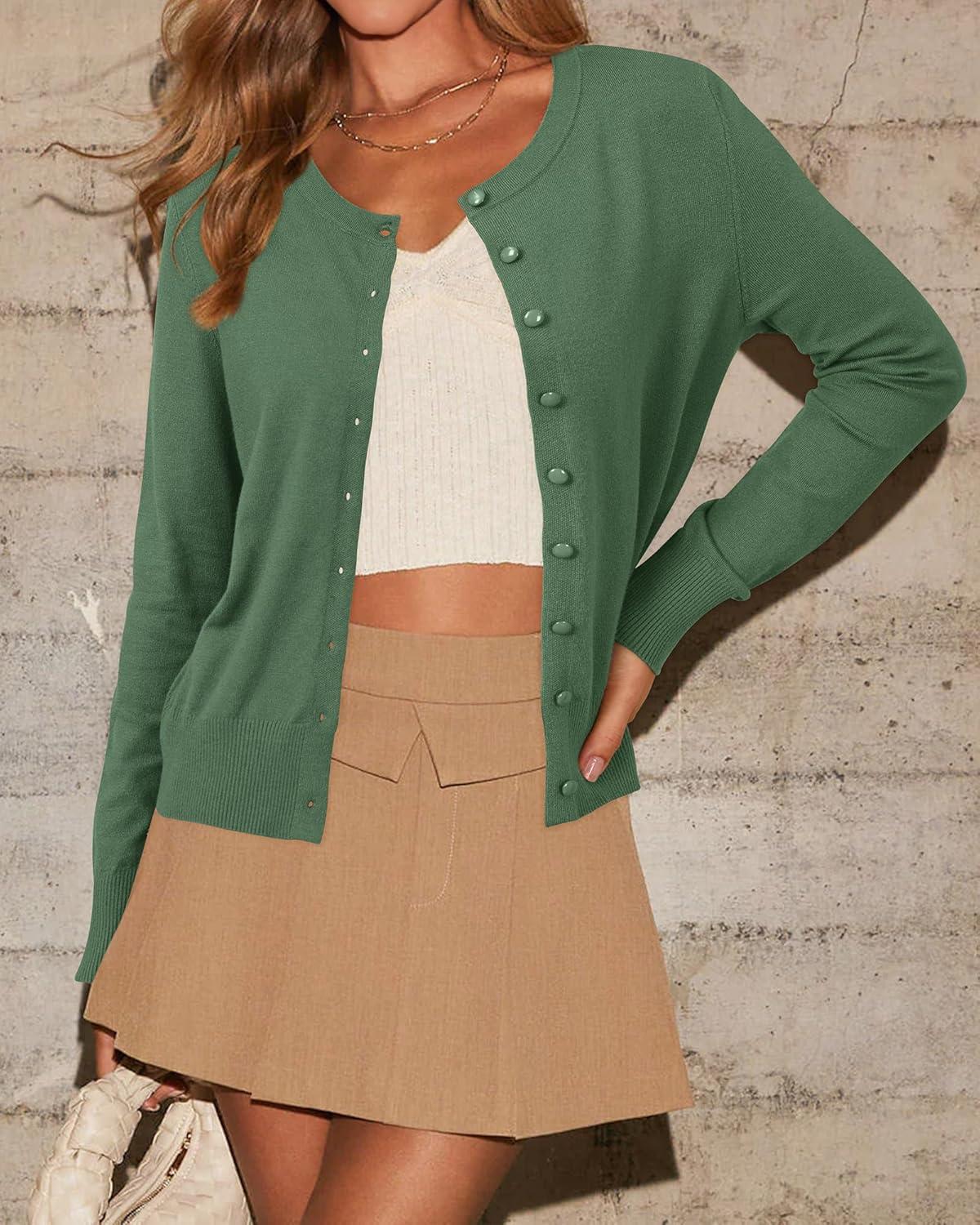 imageNewshows Womens Lightweight Button Down Cardigan Long Sleeve Casual Crew Neck Soft Knit Cardigans Sweater TopsArmy Green