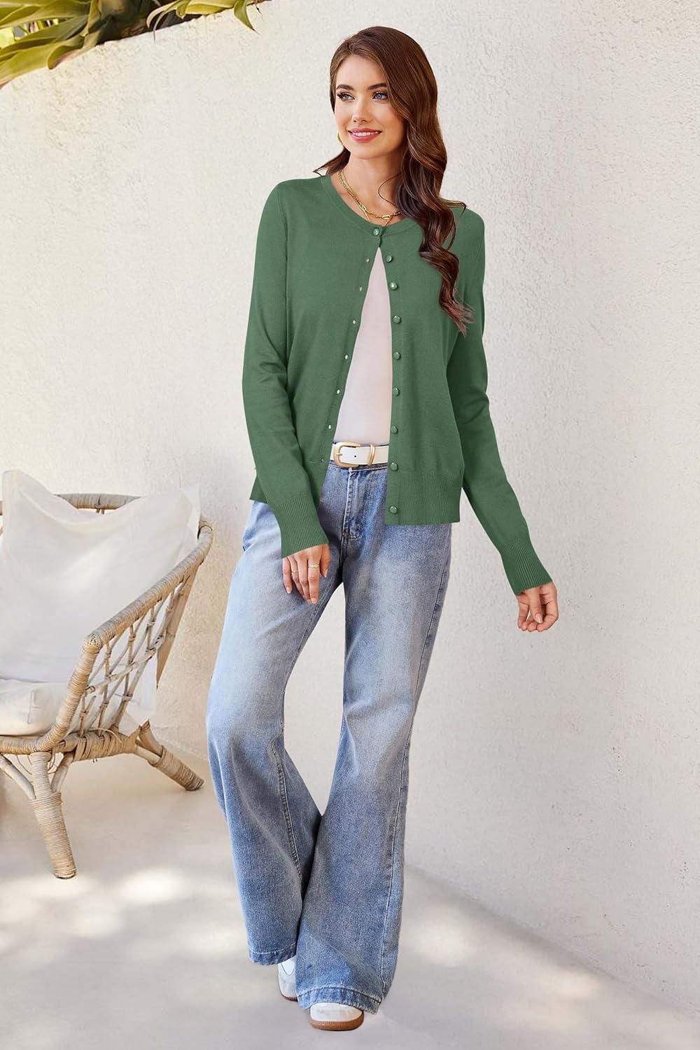 imageNewshows Womens Lightweight Button Down Cardigan Long Sleeve Casual Crew Neck Soft Knit Cardigans Sweater TopsArmy Green