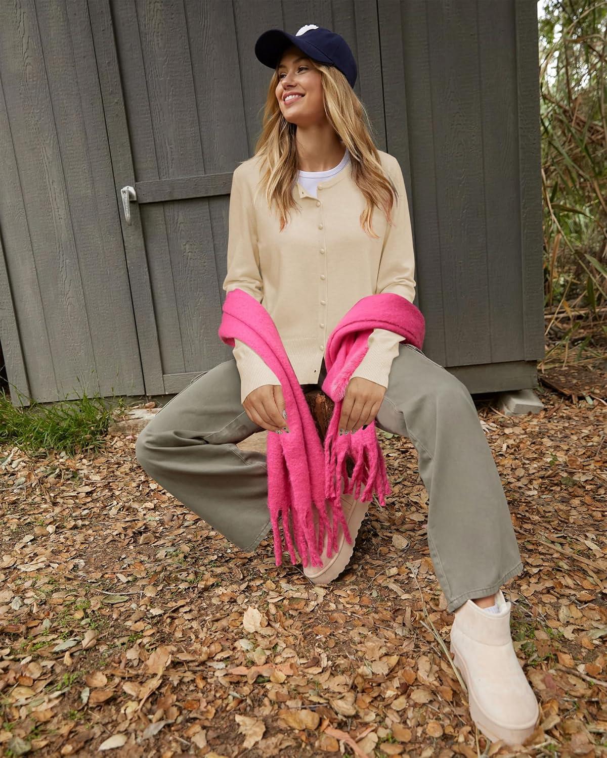 imageNewshows Womens Lightweight Button Down Cardigan Long Sleeve Casual Crew Neck Soft Knit Cardigans Sweater TopsLight Apricot