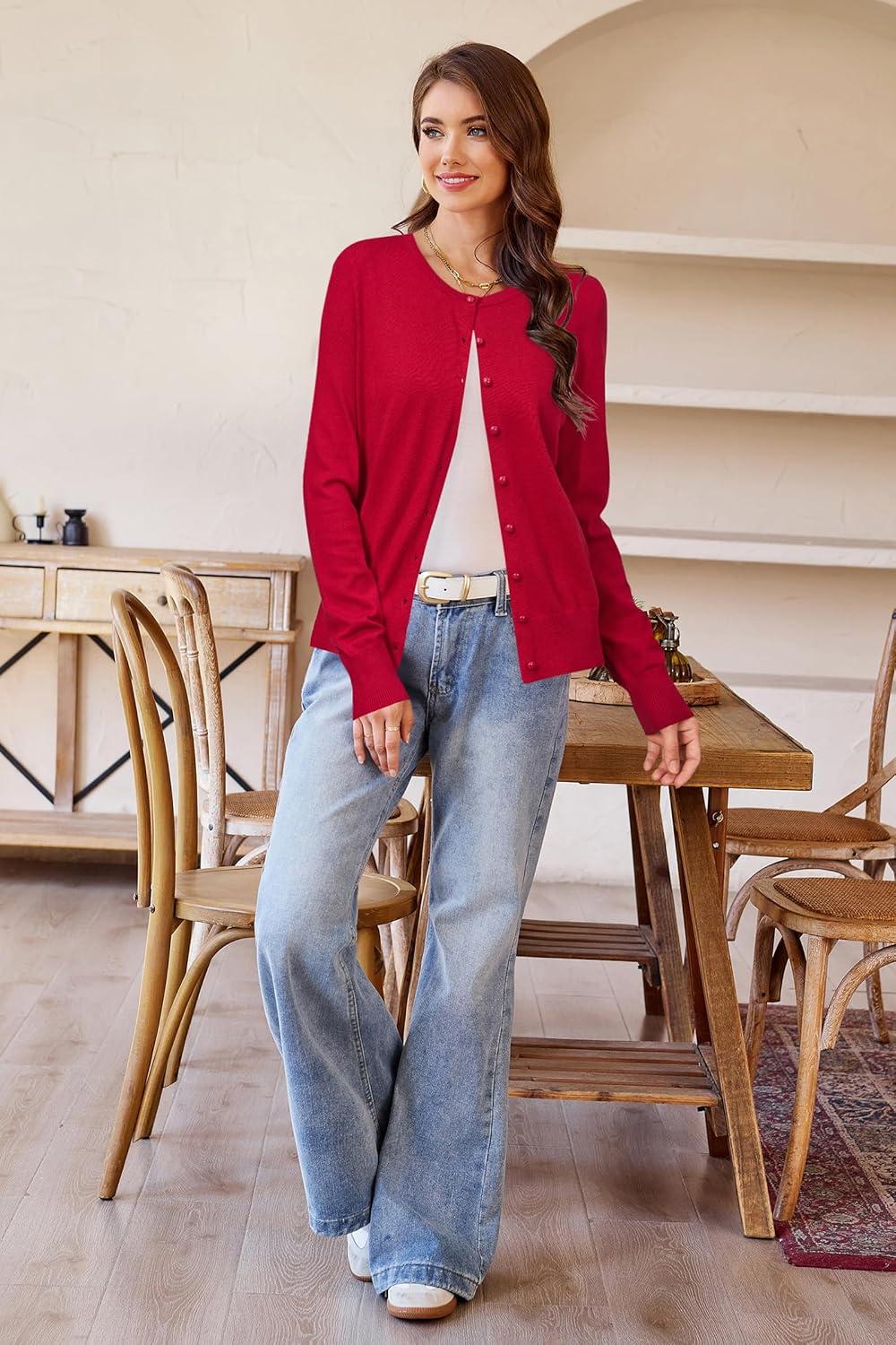 imageNewshows Womens Lightweight Button Down Cardigan Long Sleeve Casual Crew Neck Soft Knit Cardigans Sweater TopsPurplish Red