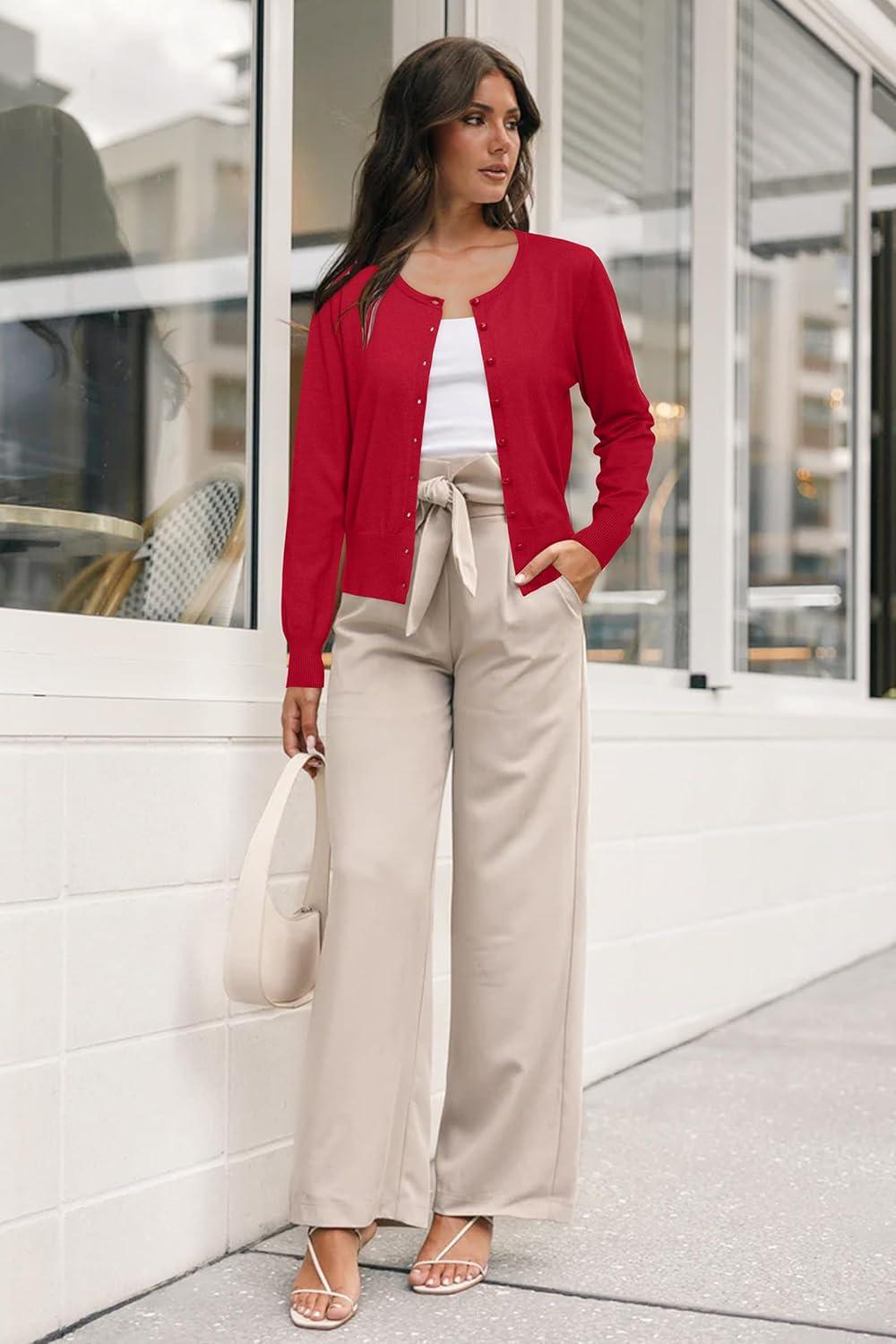 imageNewshows Womens Lightweight Button Down Cardigan Long Sleeve Casual Crew Neck Soft Knit Cardigans Sweater TopsPurplish Red