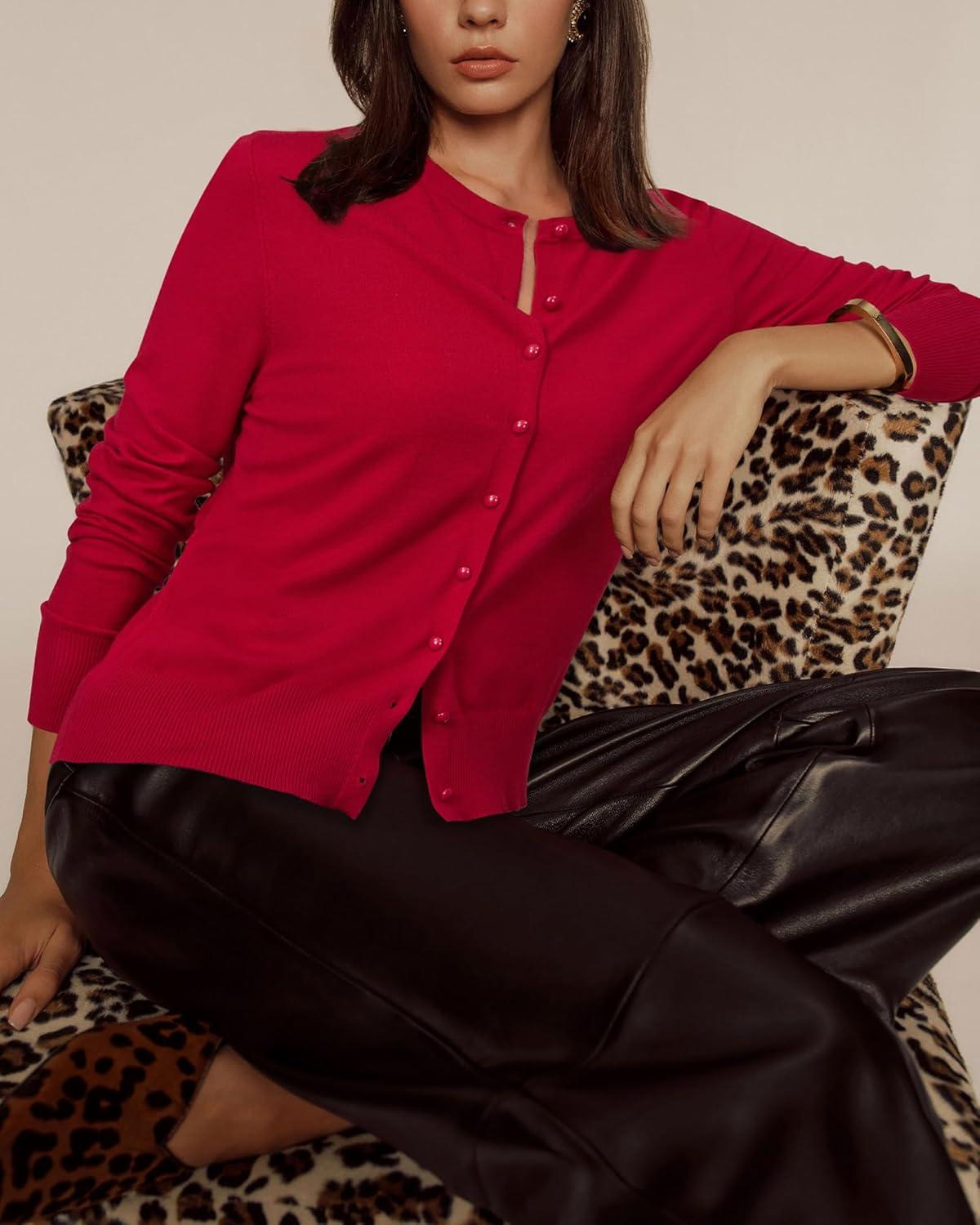 imageNewshows Womens Lightweight Button Down Cardigan Long Sleeve Casual Crew Neck Soft Knit Cardigans Sweater TopsPurplish Red