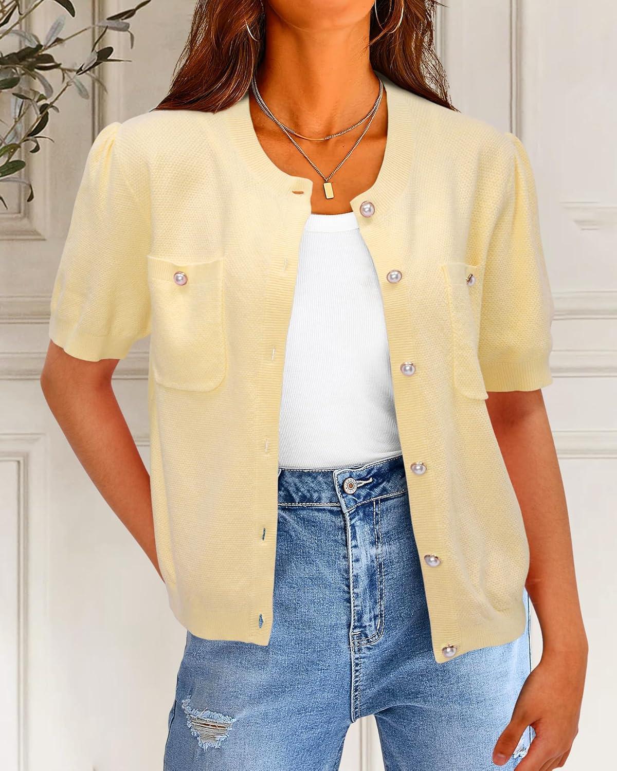 imageNewshows Womens Summer Cardigan Sweaters Lightweight Short Sleeve Button Down Shirts Ribbed Knit Blouse Tops 2024 TrendyApricot