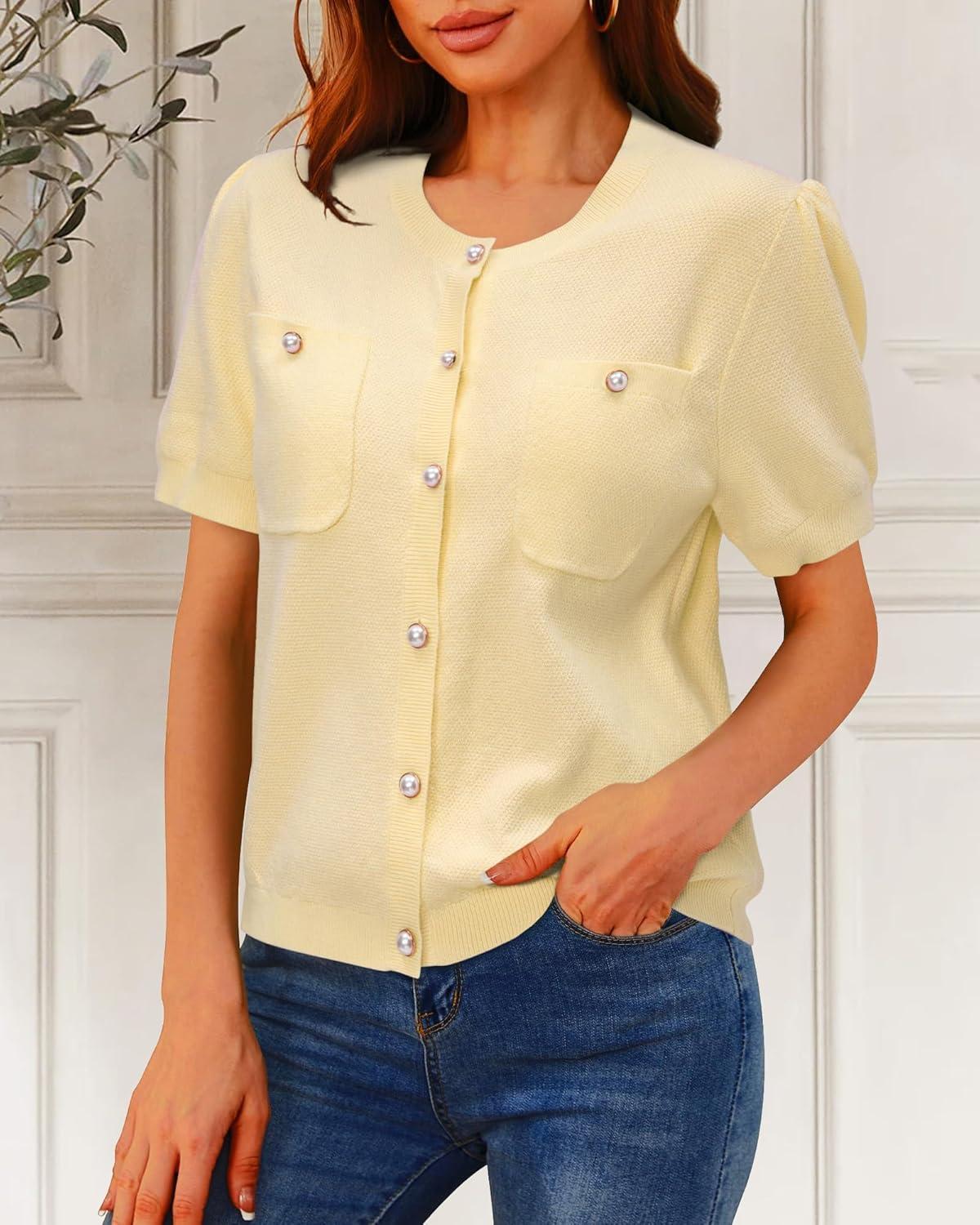 imageNewshows Womens Summer Cardigan Sweaters Lightweight Short Sleeve Button Down Shirts Ribbed Knit Blouse Tops 2024 TrendyApricot