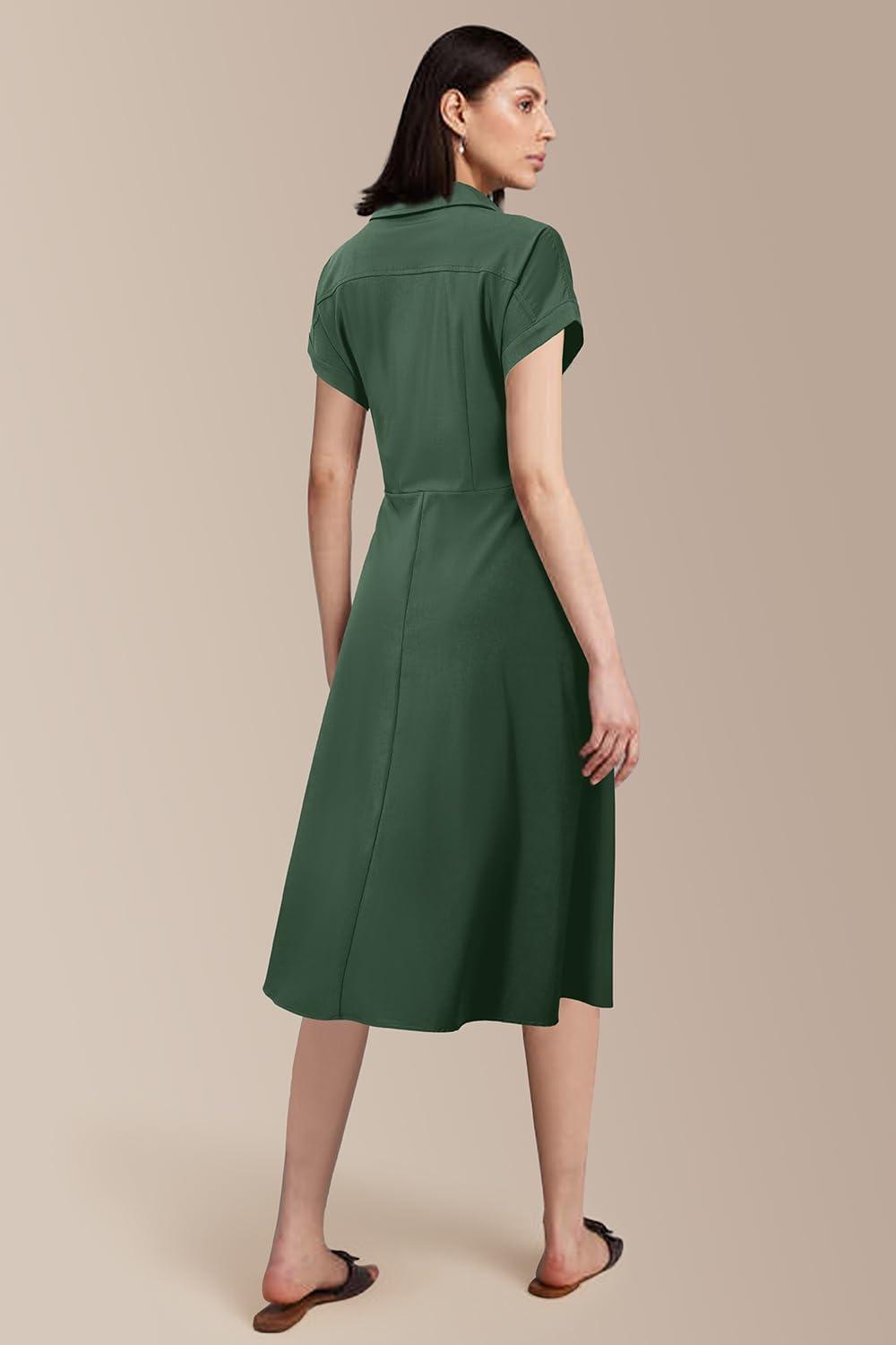 imageNewshows Womens Wear to Work Teacher Business Casual Dress Funeral Midi Dresses Button Down Office Clothes with PocketsArmy Green