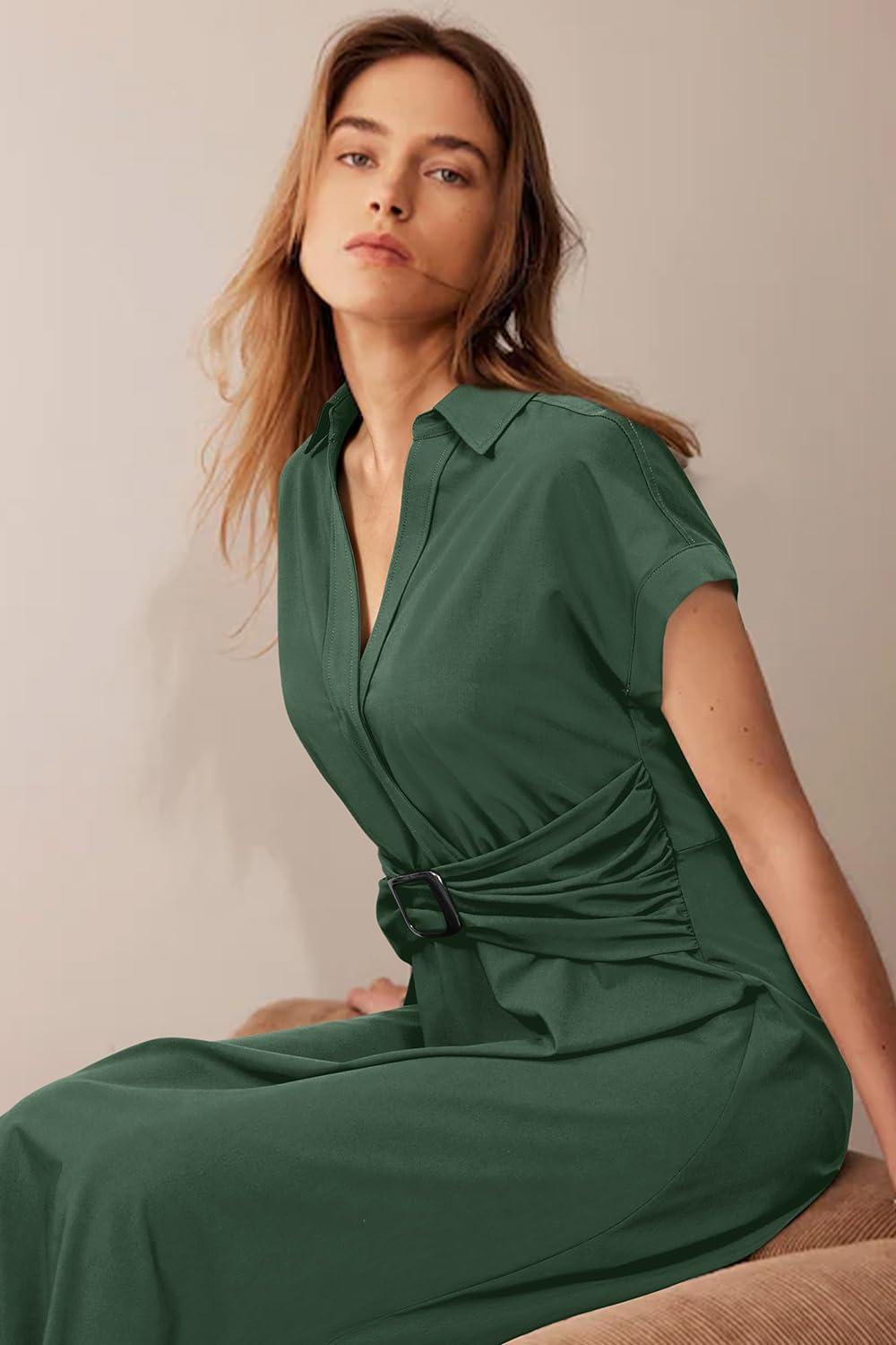 imageNewshows Womens Wear to Work Teacher Business Casual Dress Funeral Midi Dresses Button Down Office Clothes with PocketsArmy Green