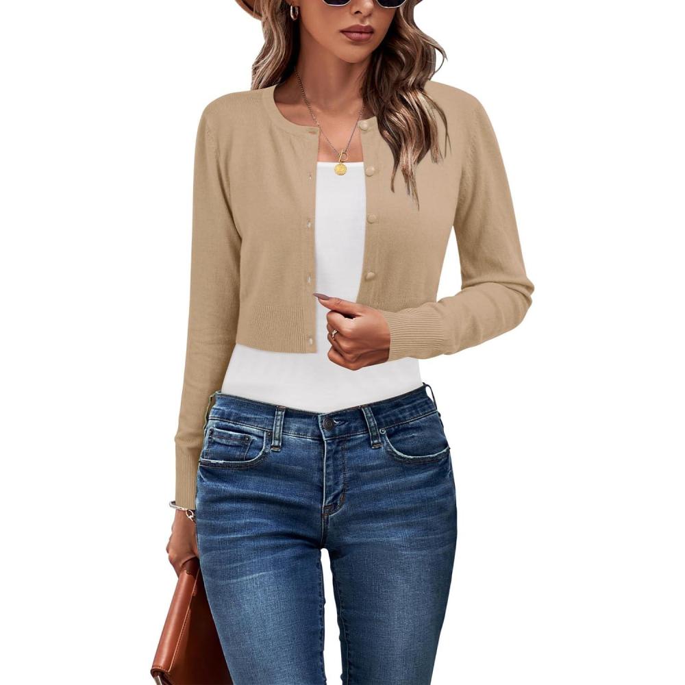 imageNewshows Cropped Cardigan Sweaters for Women 2025 Crew Neck Button Down Open Front Knit Bolero ShrugsApricot
