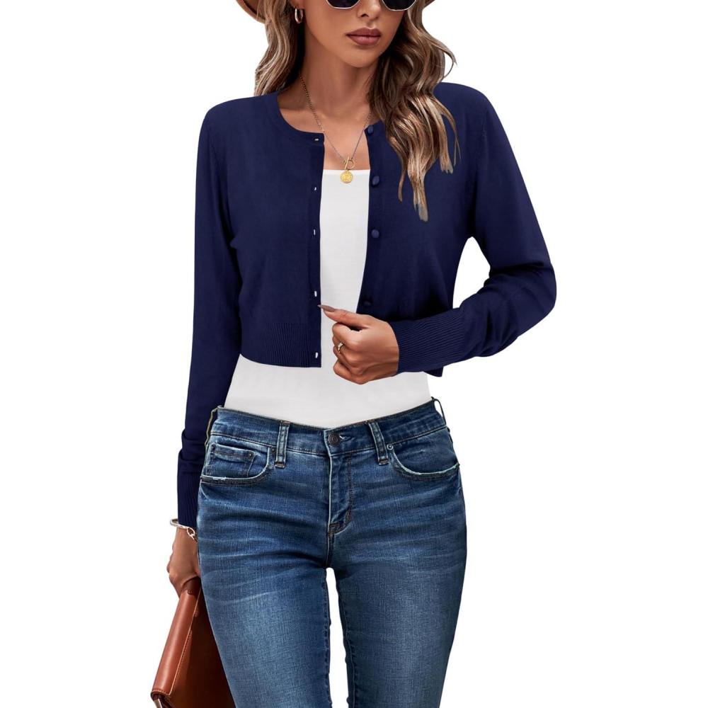 imageNewshows Cropped Cardigan Sweaters for Women 2025 Crew Neck Button Down Open Front Knit Bolero ShrugsBlue