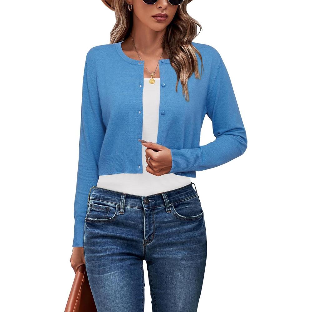 imageNewshows Cropped Cardigan Sweaters for Women 2025 Crew Neck Button Down Open Front Knit Bolero ShrugsBlue02