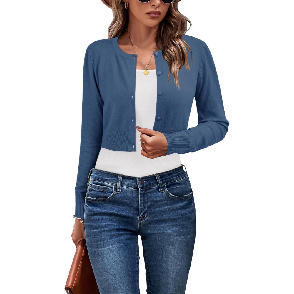 imageNewshows Cropped Cardigan Sweaters for Women 2025 Crew Neck Button Down Open Front Knit Bolero ShrugsDark Blue
