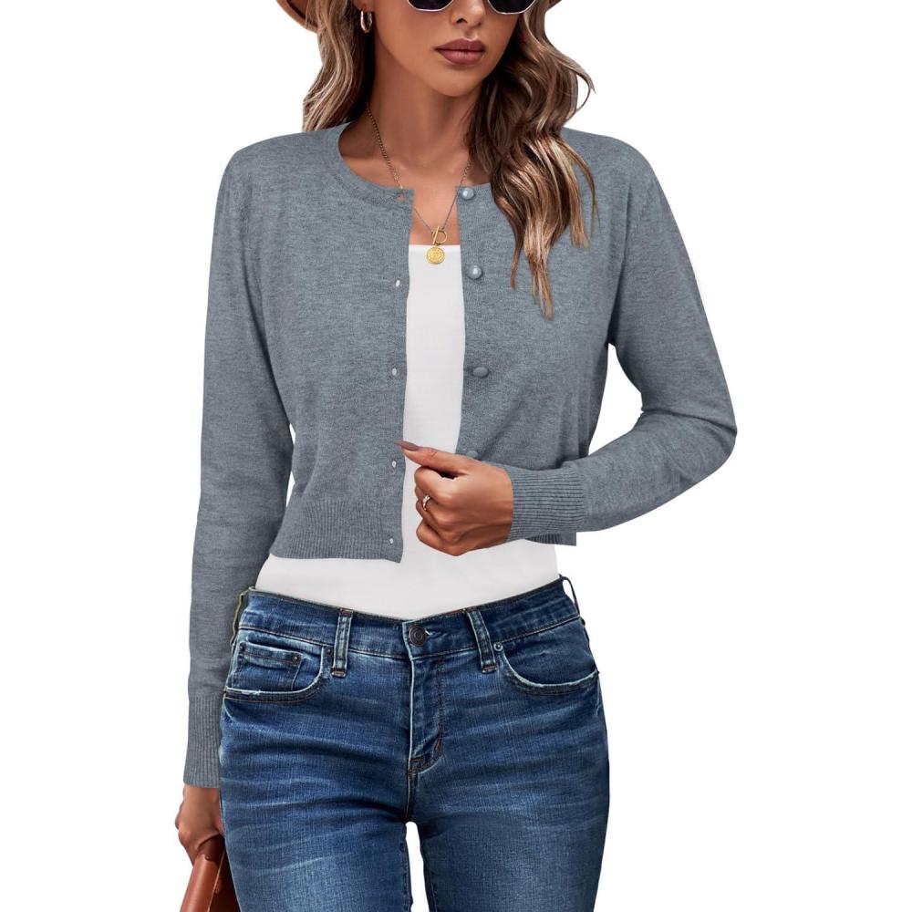 imageNewshows Cropped Cardigan Sweaters for Women 2025 Crew Neck Button Down Open Front Knit Bolero ShrugsDark Gray