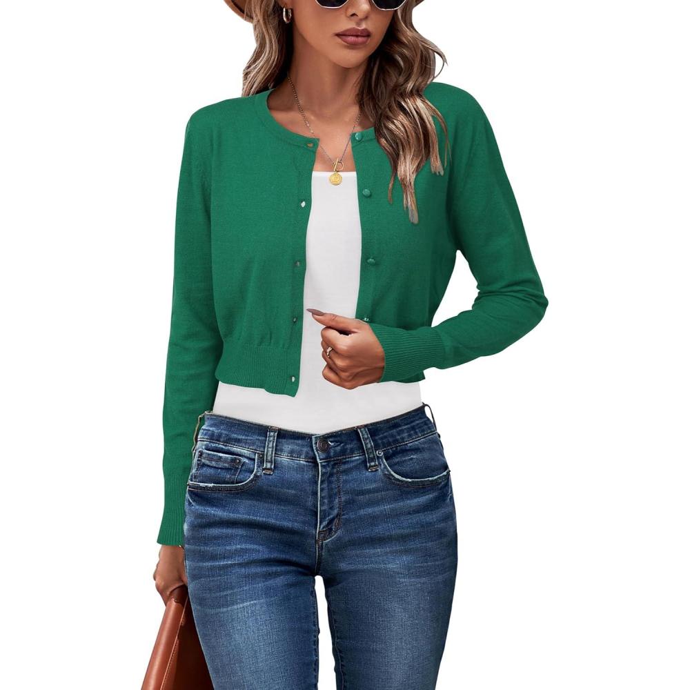 imageNewshows Cropped Cardigan Sweaters for Women 2025 Crew Neck Button Down Open Front Knit Bolero ShrugsDark Green