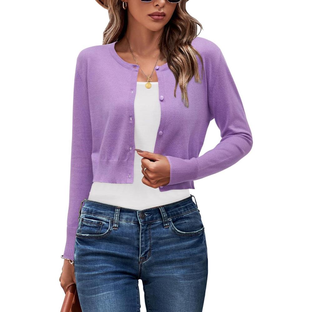 imageNewshows Cropped Cardigan Sweaters for Women 2025 Crew Neck Button Down Open Front Knit Bolero ShrugsGrey Purple