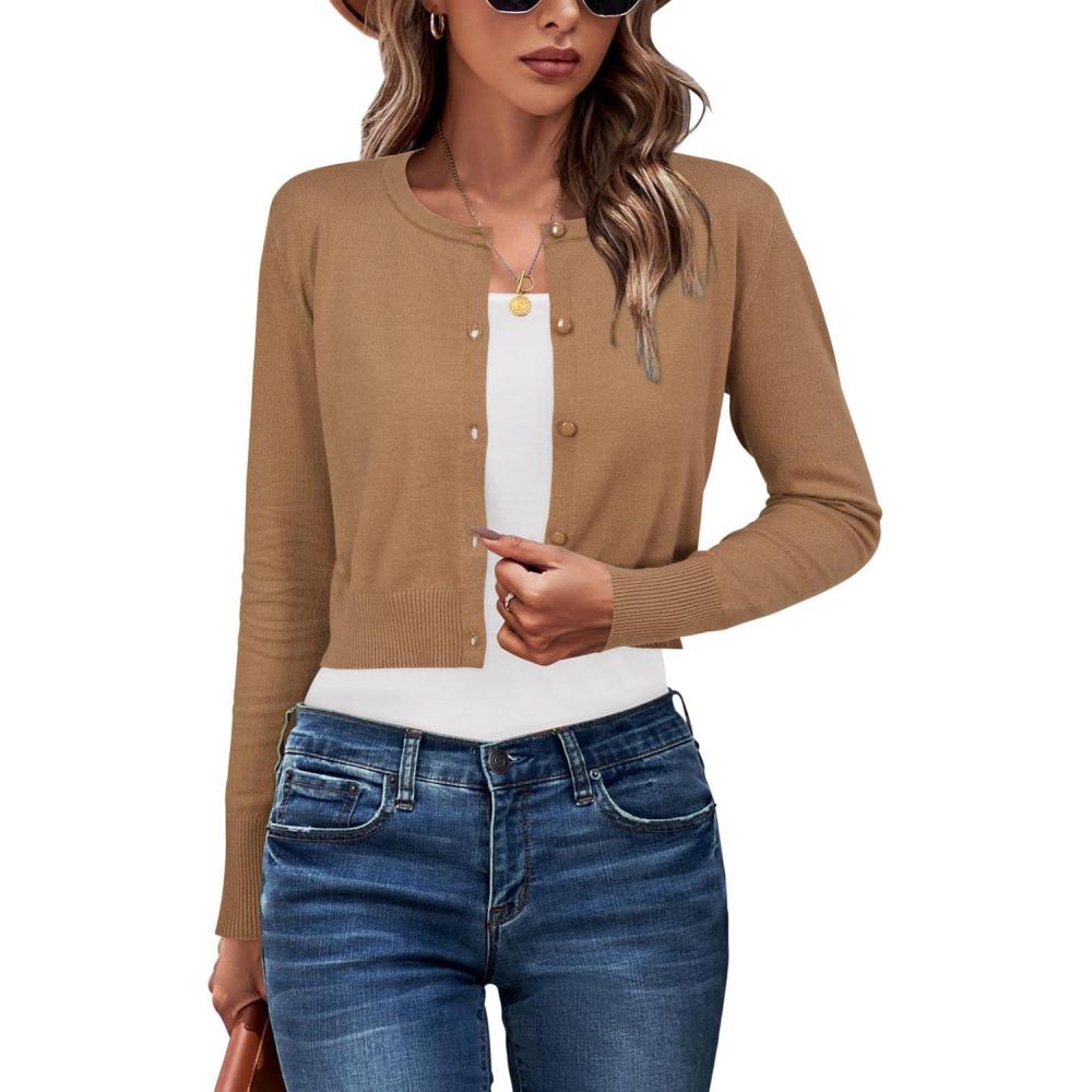 imageNewshows Cropped Cardigan Sweaters for Women 2025 Crew Neck Button Down Open Front Knit Bolero ShrugsMedium Brown