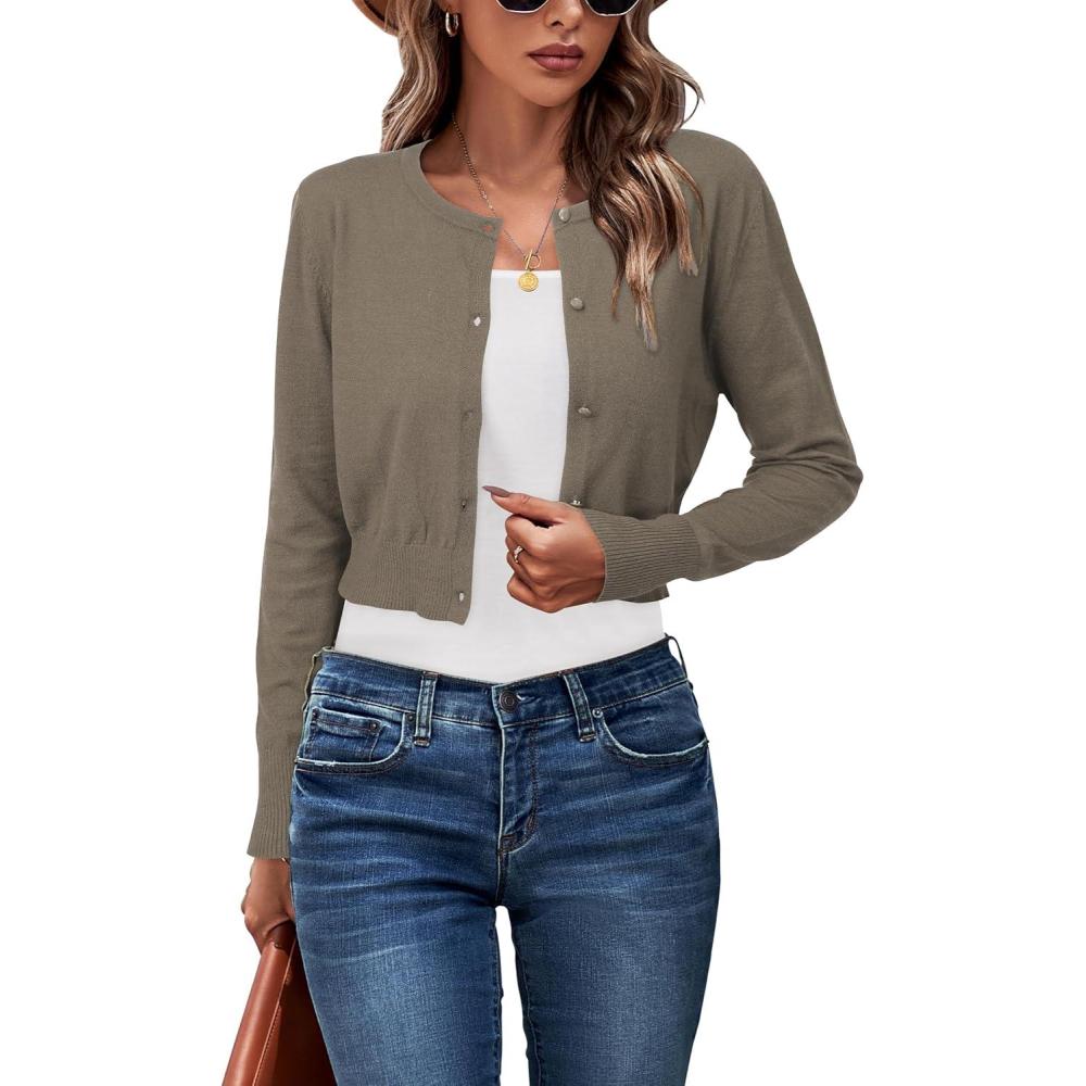 imageNewshows Cropped Cardigan Sweaters for Women 2025 Crew Neck Button Down Open Front Knit Bolero ShrugsPale Brown
