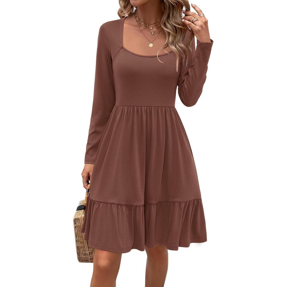 imageNewshows Women 2025 Summer Dress Square Neck Formal Short Sleeve Business Casual Outfits Ruffle Spring Pockets Sundress0 Brown