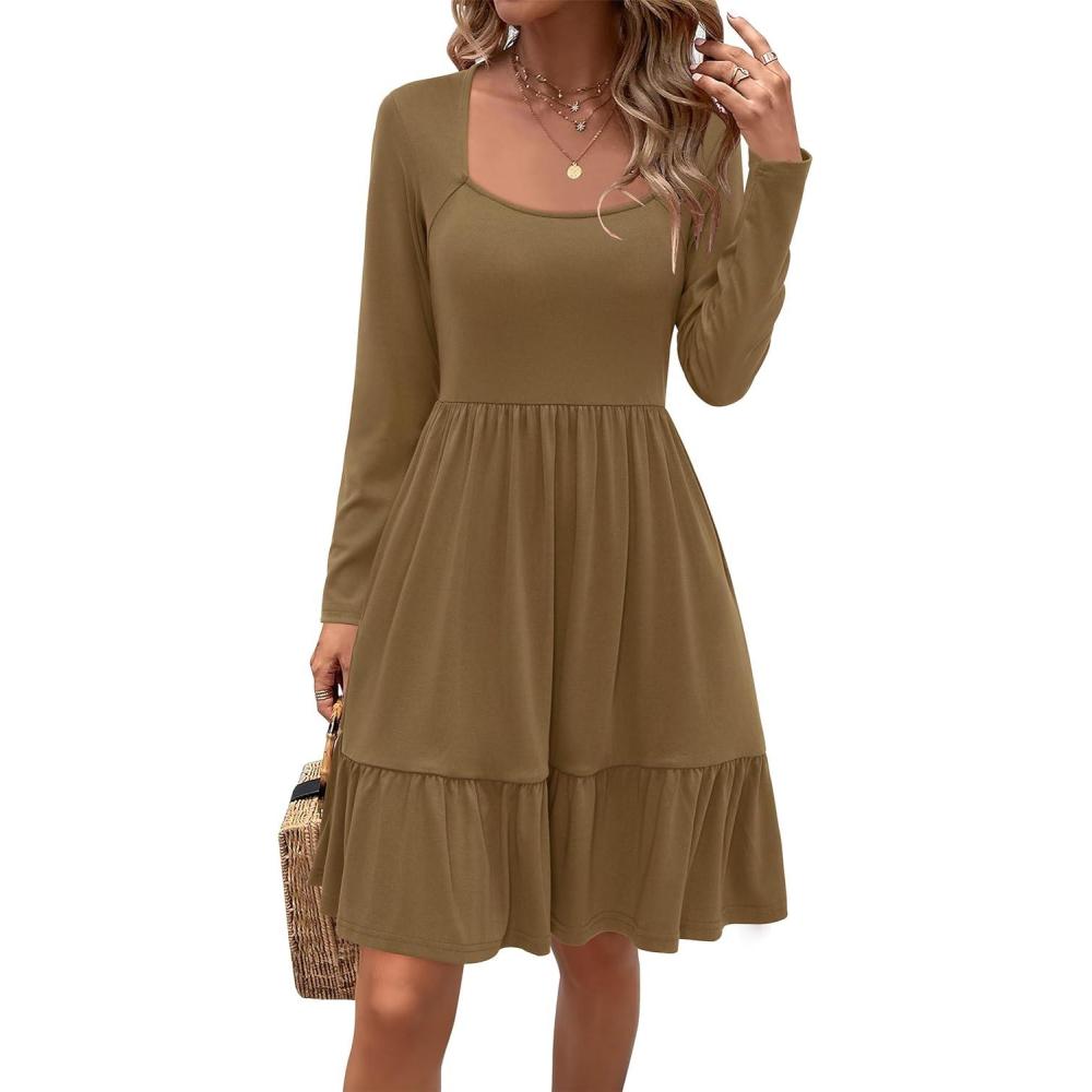 imageNewshows Women 2025 Summer Dress Square Neck Formal Short Sleeve Business Casual Outfits Ruffle Spring Pockets Sundress0 Dark Khaki4006