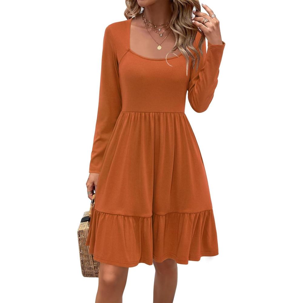 imageNewshows Women 2025 Summer Dress Square Neck Formal Short Sleeve Business Casual Outfits Ruffle Spring Pockets Sundress0 Orange4006