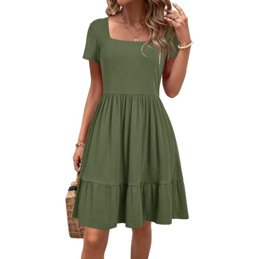 imageNewshows Women 2025 Summer Dress Square Neck Formal Short Sleeve Business Casual Outfits Ruffle Spring Pockets SundressArmy Green