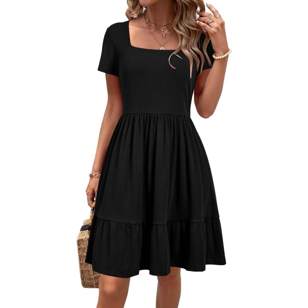 imageNewshows Women 2025 Summer Dress Square Neck Formal Short Sleeve Business Casual Outfits Ruffle Spring Pockets SundressBlack