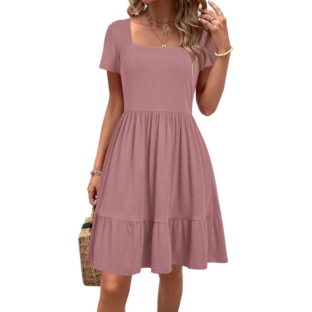 imageNewshows Women 2025 Summer Dress Square Neck Formal Short Sleeve Business Casual Outfits Ruffle Spring Pockets SundressDusty Pink