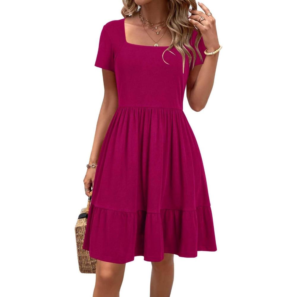 imageNewshows Women 2025 Summer Dress Square Neck Formal Short Sleeve Business Casual Outfits Ruffle Spring Pockets SundressHot Pink