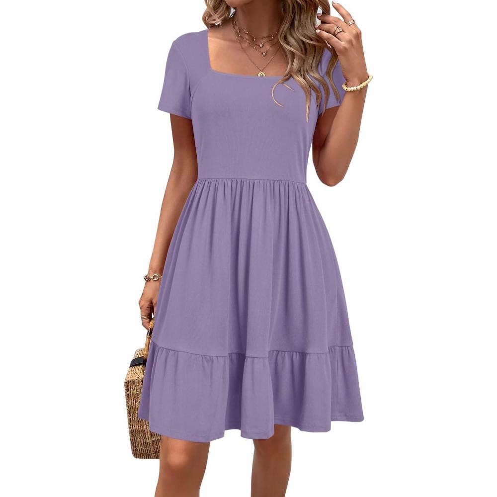 imageNewshows Women 2025 Summer Dress Square Neck Formal Short Sleeve Business Casual Outfits Ruffle Spring Pockets SundressLight Purple