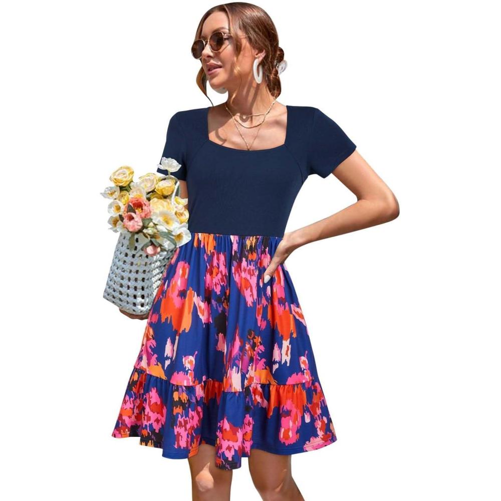imageNewshows Women 2025 Summer Dress Square Neck Formal Short Sleeve Business Casual Outfits Ruffle Spring Pockets SundressNavy Floral Pink